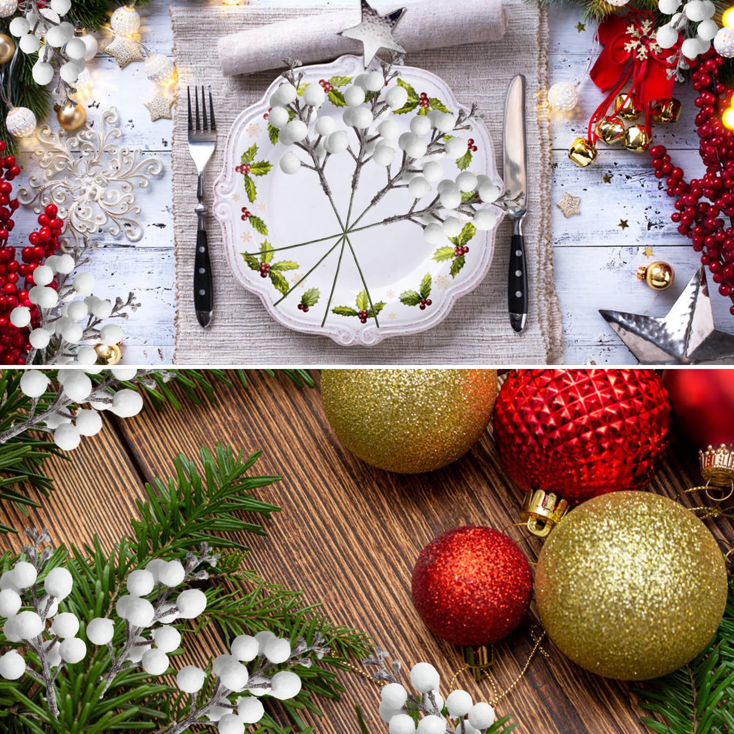 VEYLIN 20 cm Artificial Berry, 16 Pcs Glitter White Artificial Berries Stems for Christmas Tree Ornaments DIY Xmas Wreath - Image 2