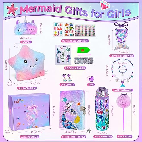 Miniatura 2 de Cherry Tale Mermaid Toys Gifts for Girls 4-6 7 8 9 10 Years Old, Girls Birthday Gifts Set with Light Up Star Pillow Diary Plush DIY Water Bottle
