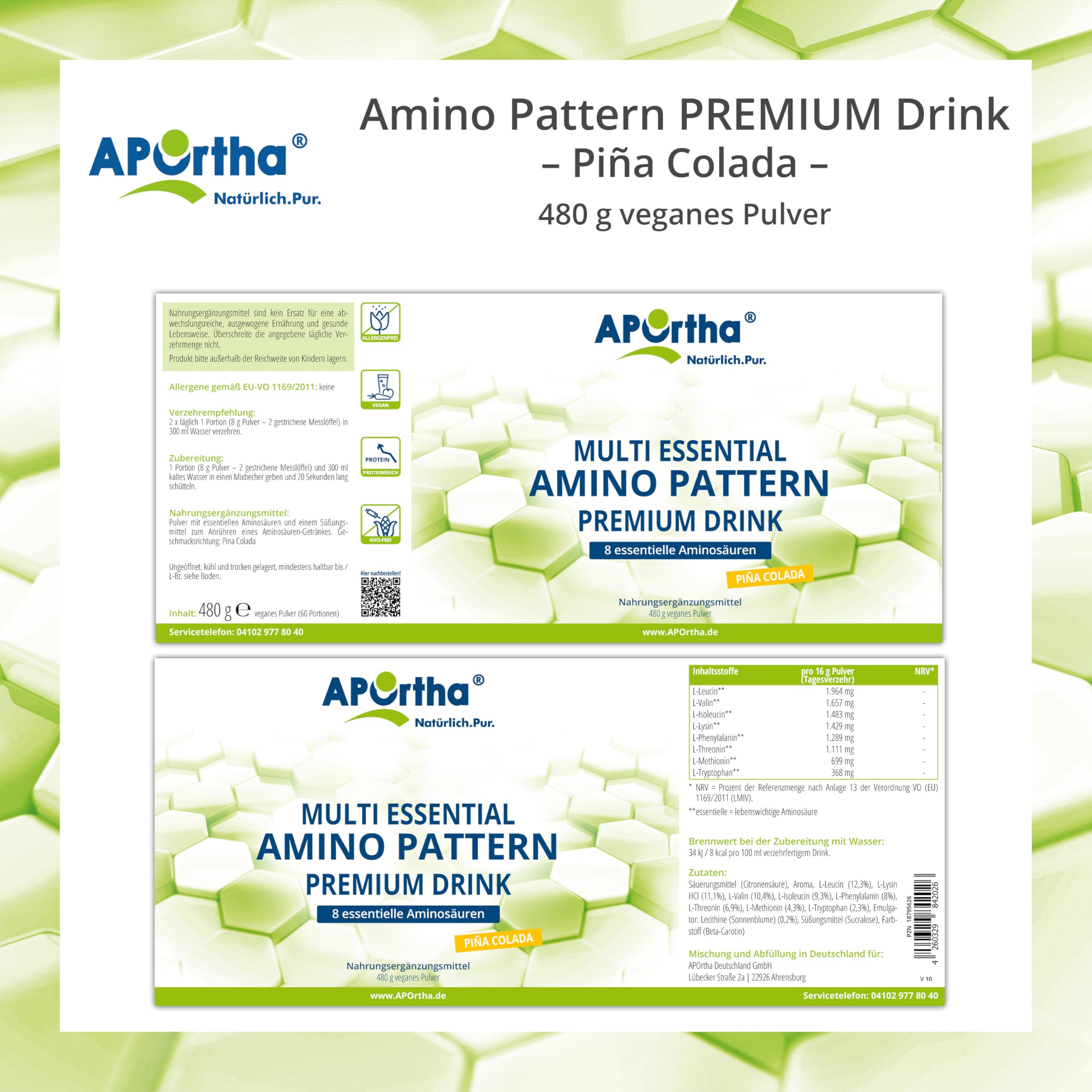 APOrtha® Multi essential Amino Pattern I 480 g Pina Colada Drink mit 8 essentiellen Aminosäuren nach Prof. Dr. Lucà- Moretti für optimierte Eiweißversorgung I Aminosäuren komplex hochdosiert EAA