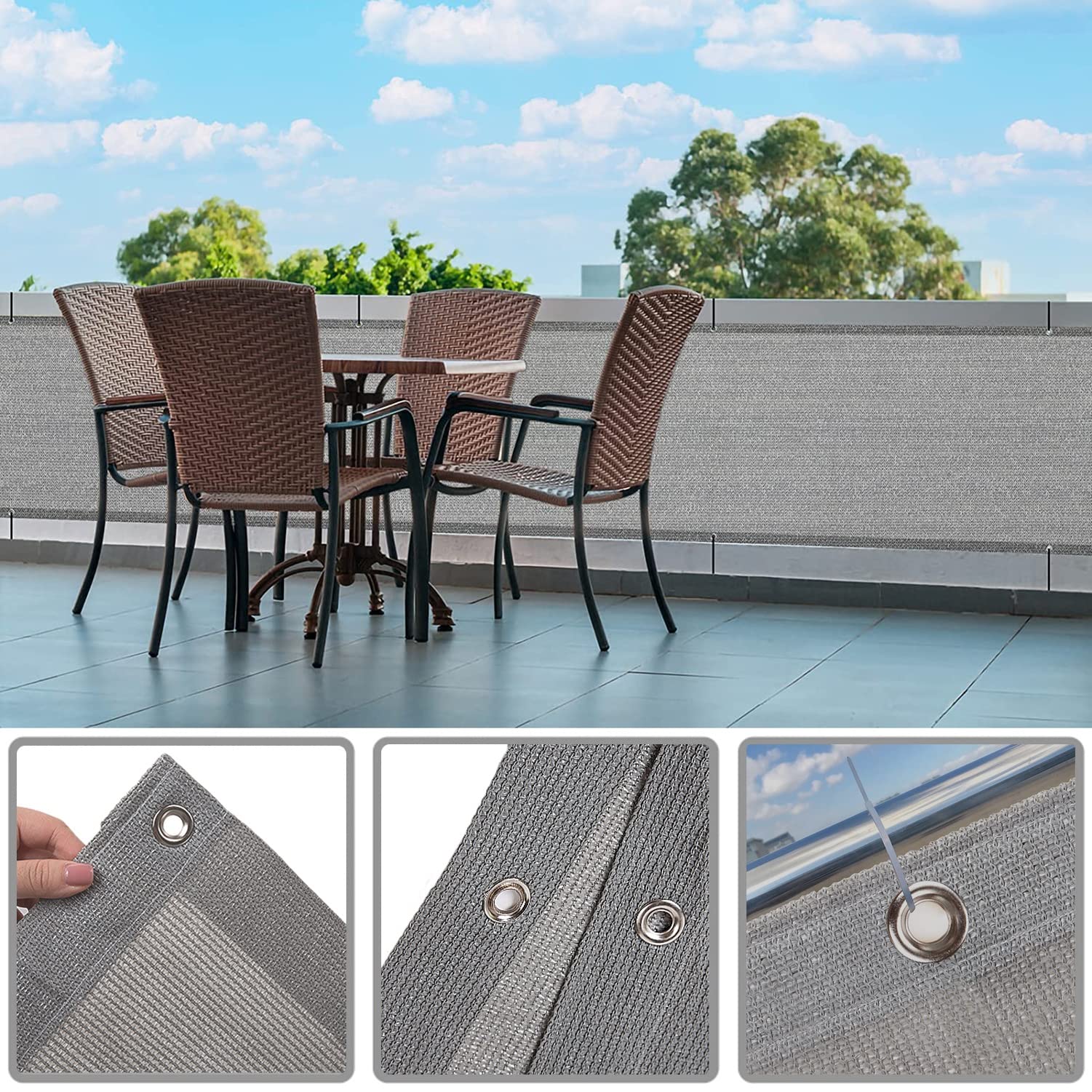 Balkon ogrodowy, 50 cm - 85% Blocka z przelotkami i opaskami kablowymi, osłona ogrodzenia na zewnątrz, szara, 50 x 850 cm