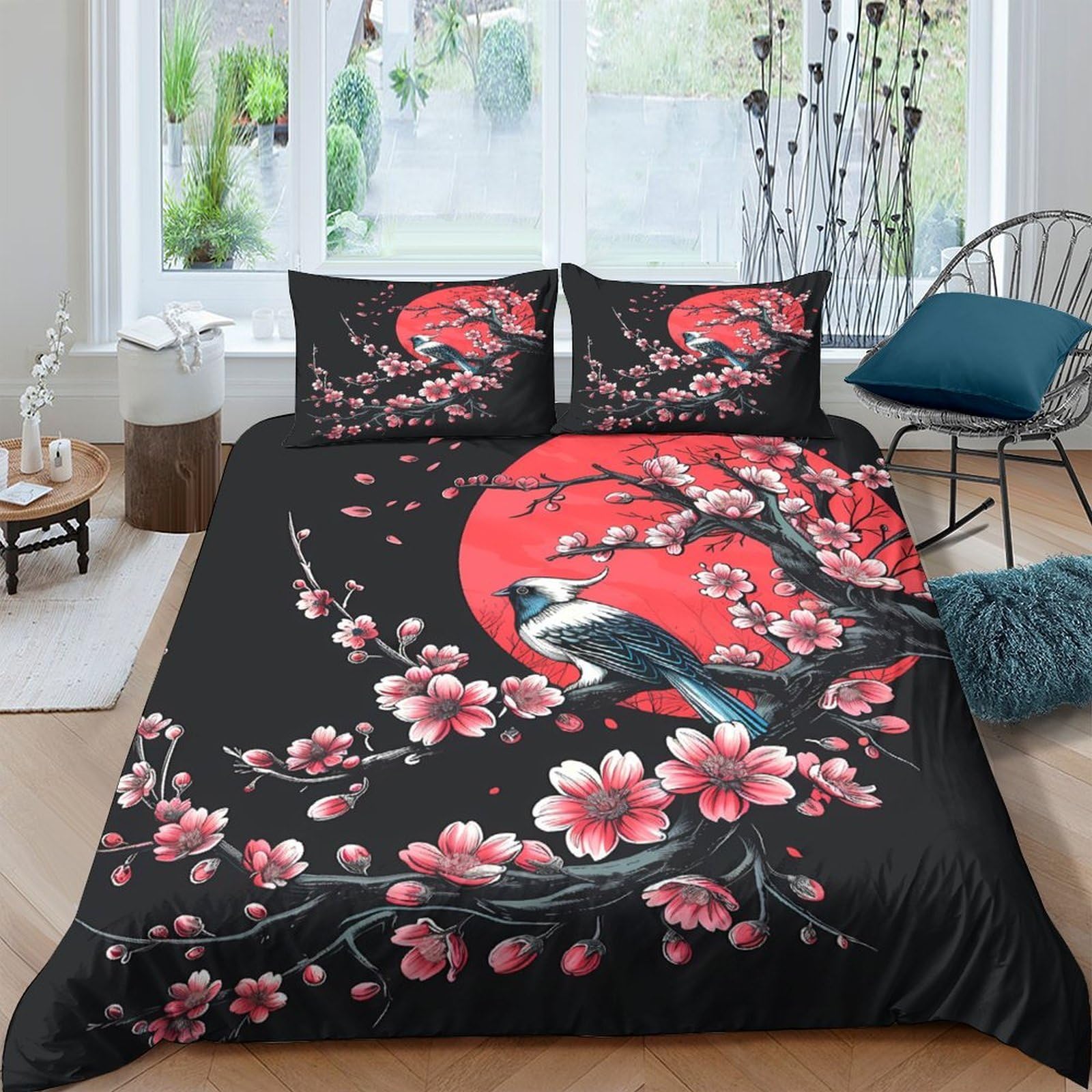 Ctjqhvkz Style-1 3D Printed Red Sakura Bird Fitted Sheet Microfiber Soft Black Moon Mattress Cover For Bedroom Guest Room Decor Single（135X200cm）