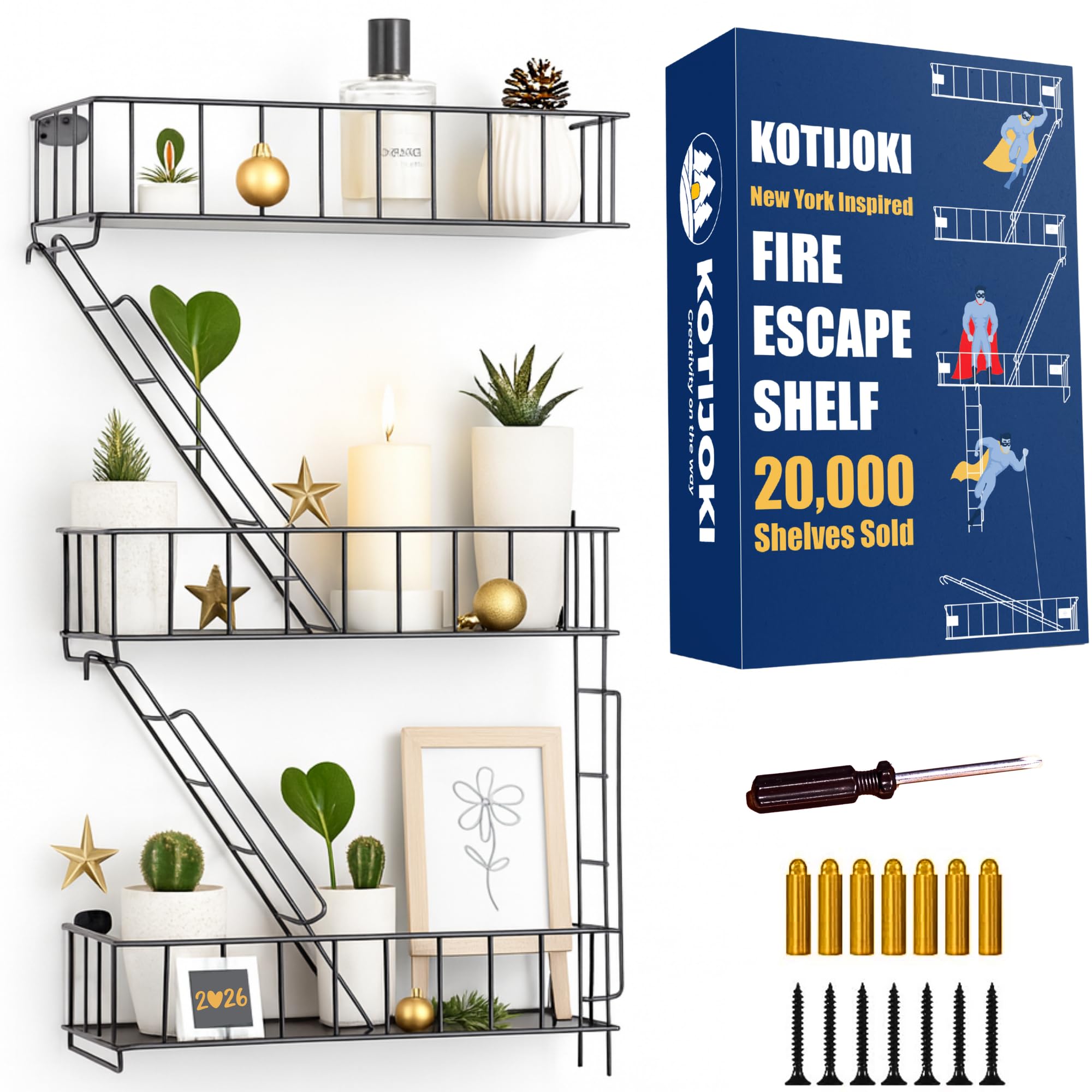 KOTIJOKI Fire Escape Wall Shelf - New York Decorative Floating Shelf - Wall Art Ladder Shelf - Black Metal Trinket Shelves for Bedroom, Home, Office, Storage and Display (3-Tier)