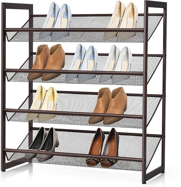 COSTWAY 3/4-Tier Metal Mesh Shoe Rack, Flat or Angled Stackable Shoe Shelf Stand, Freestanding Space Saving Narrow Shoes Storage Organiser Unit for Hallway, Entryway and Cloakroom (74 x 30 x 82cm)