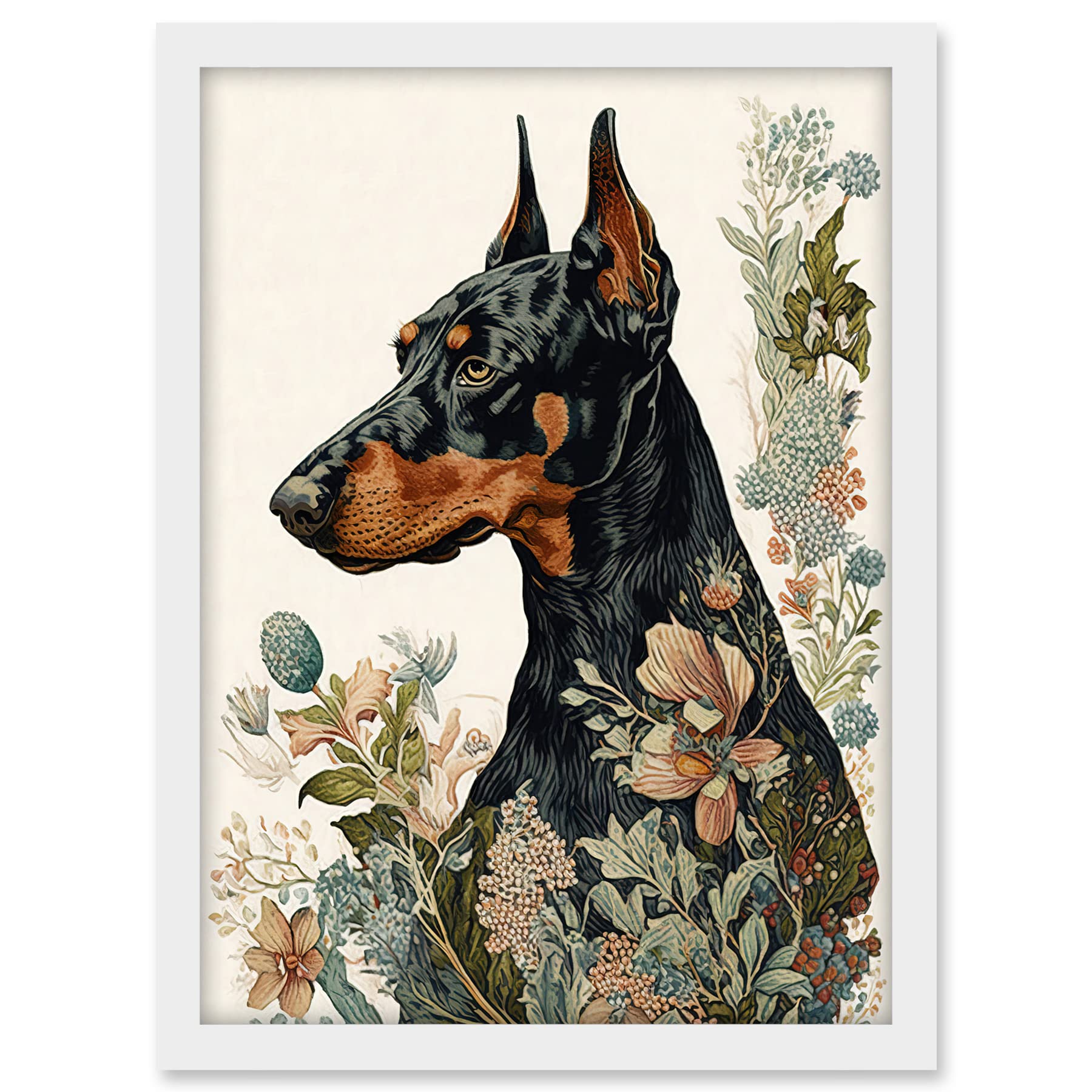 Artery8 Doberman Dog with Wild Flowers Boho Watercolour Illustration Artwork Framed A3 Wall Art Print