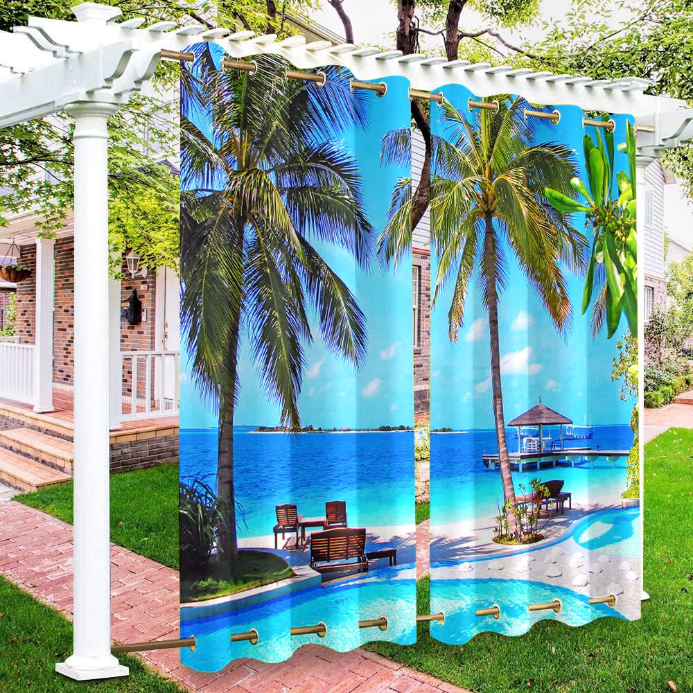 Surwin 2 Panels Outdoor Curtains, Waterproof Blackout Curtains with Top & Bottom Grommet, Thermal Insulated 3D Sea Window Treatments for Pergola Garden Patio (Bule G,106x160cm)
