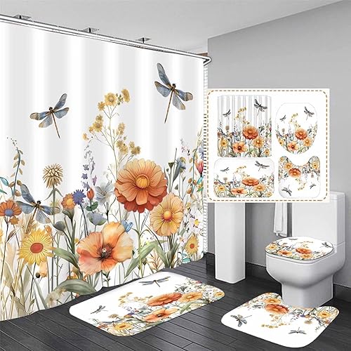 Miniatura 32 de DDQQ Juego de cortinas de ducha de hojas verdes con alfombra antideslizante, cubierta para tapa de inodoro y tapete de baño, juego de cortinas