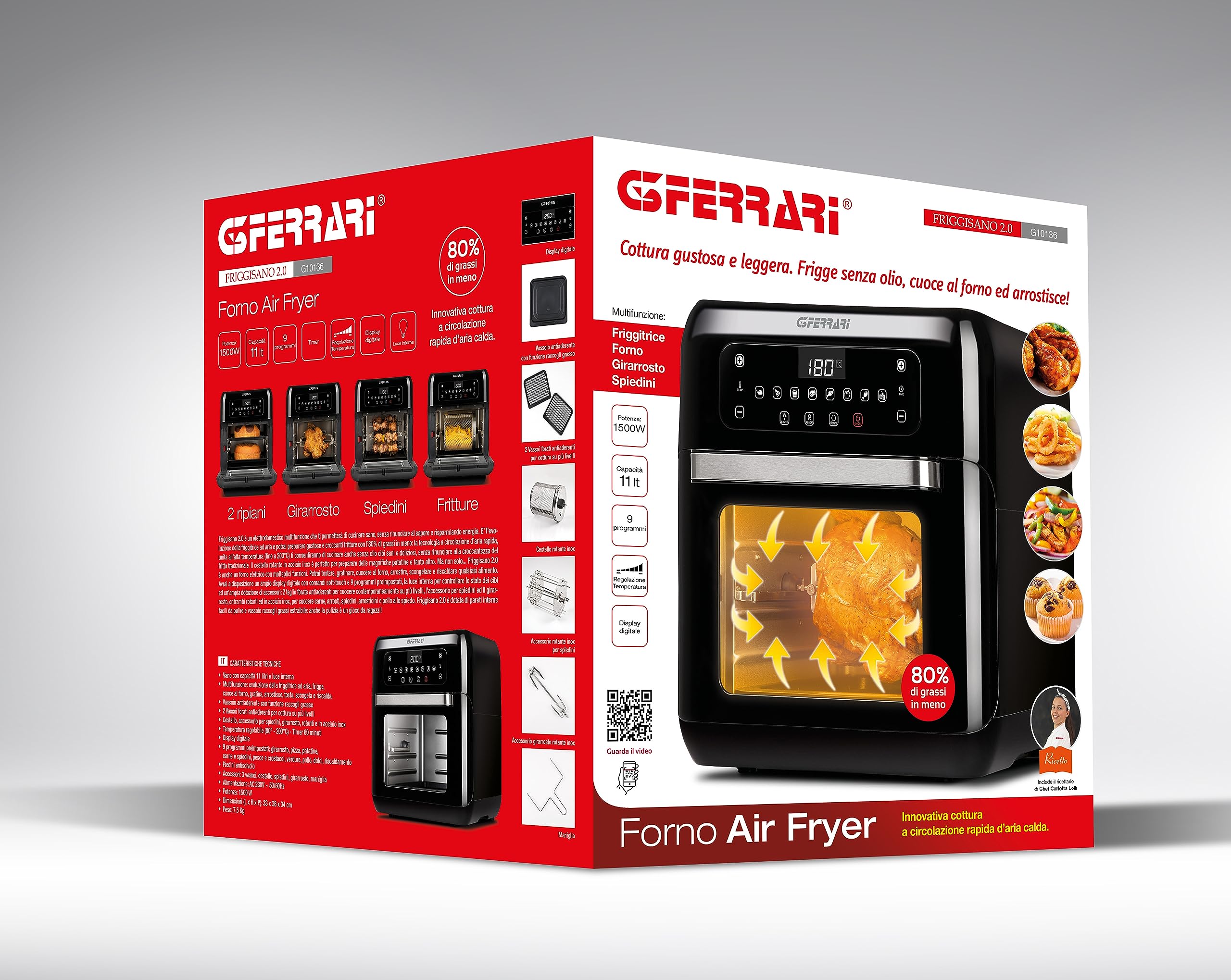 G3 Ferrari G10136 Friggisano 2.0, Friggitrice ad Aria, 11 Litri, 1500 W, 9 Programmi, Multifunzione, Display digitale, Luce interna, Timer, Accessori INOX BPA/PFOA Free e Ricettario inclusi, Nero