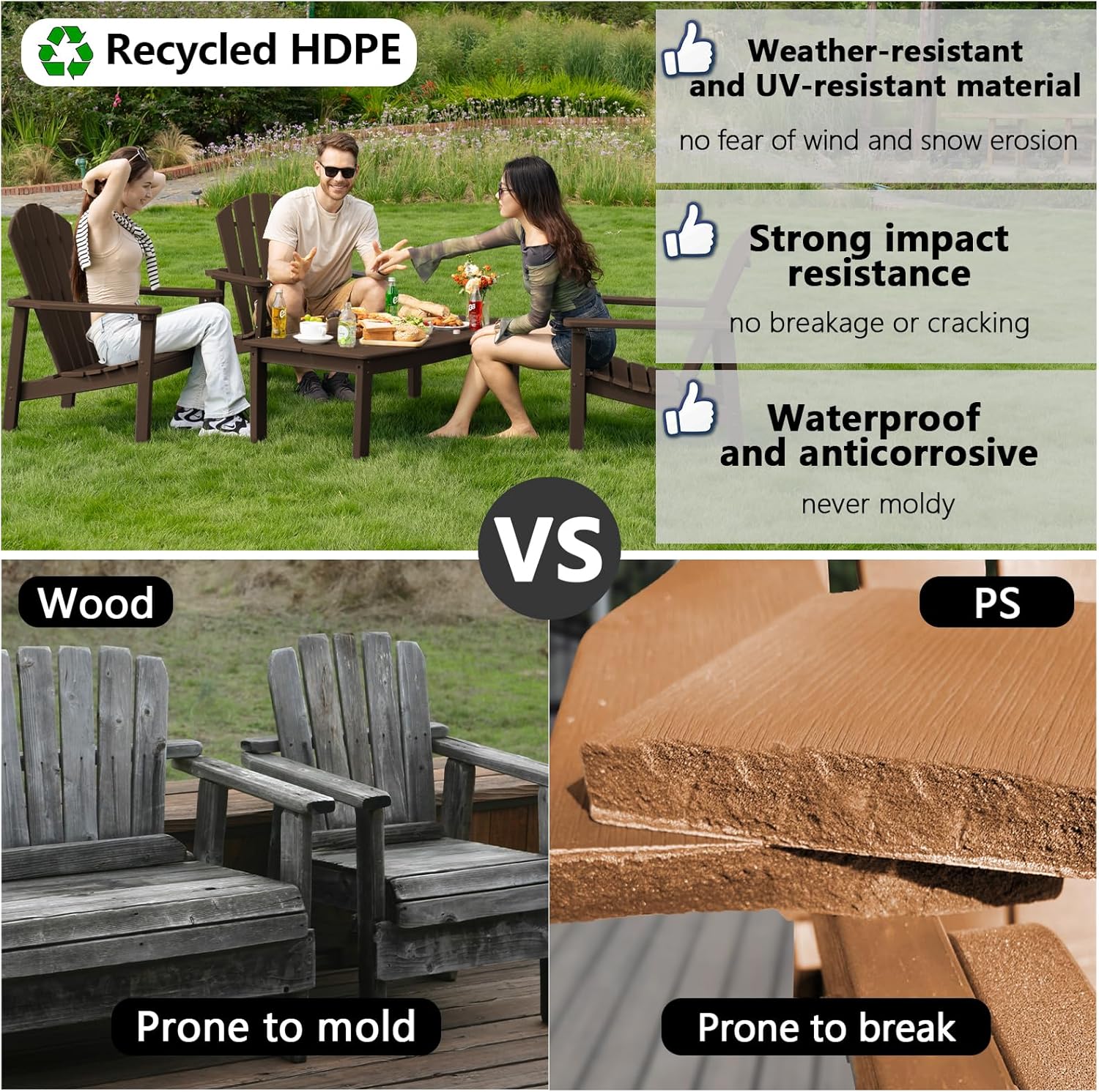 nevilywood Compact Stackable Adirondack Chairs Set of 4, 26.3" Wide HDPE Outdoor Patio Chairs - Durable, Space-Saving Design for Porch, Lawn or Garden, Coffee