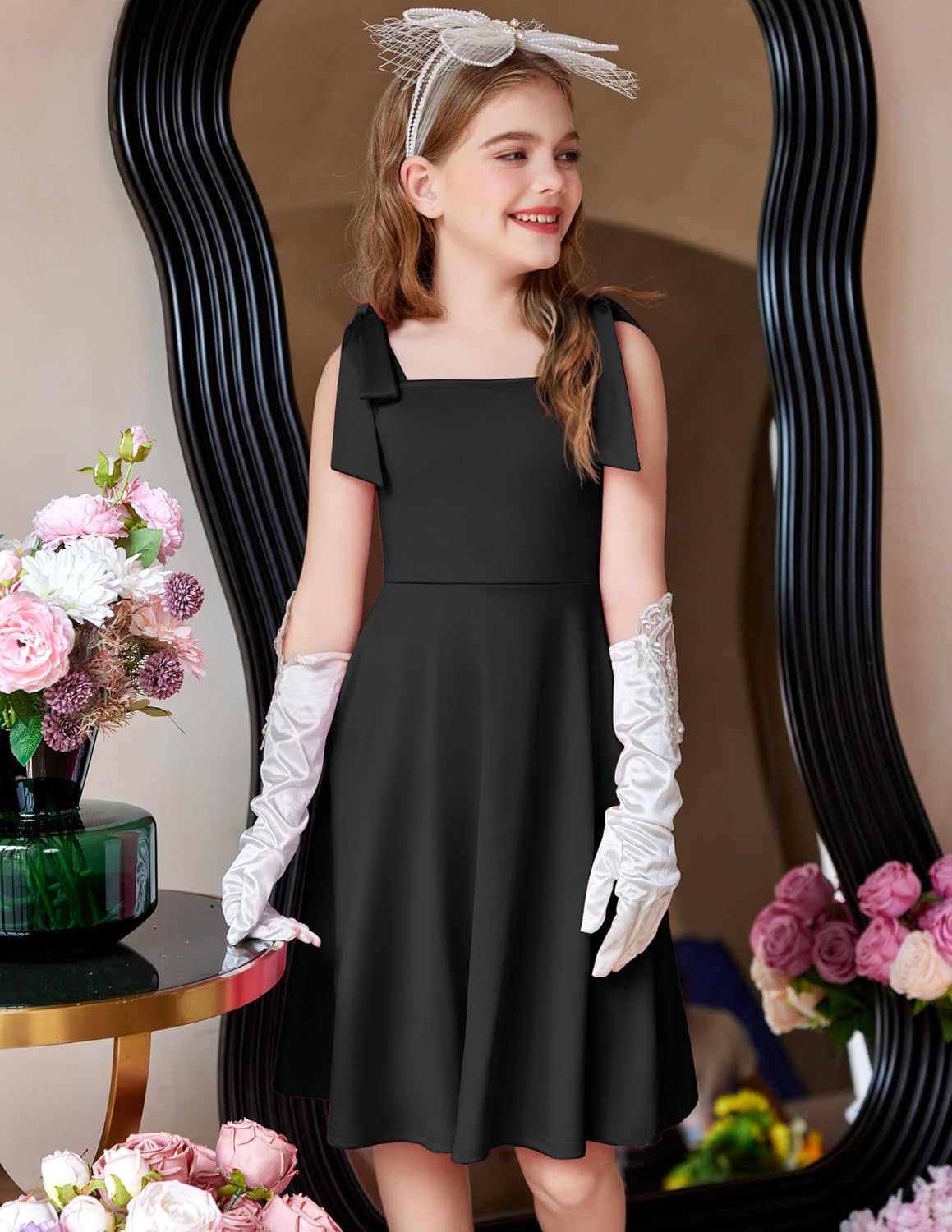 Arshiner Girls Summer Dress Tie Strap Sleeveless Solid Color Square Neck Party Dresses 6-11 Y - Image 5