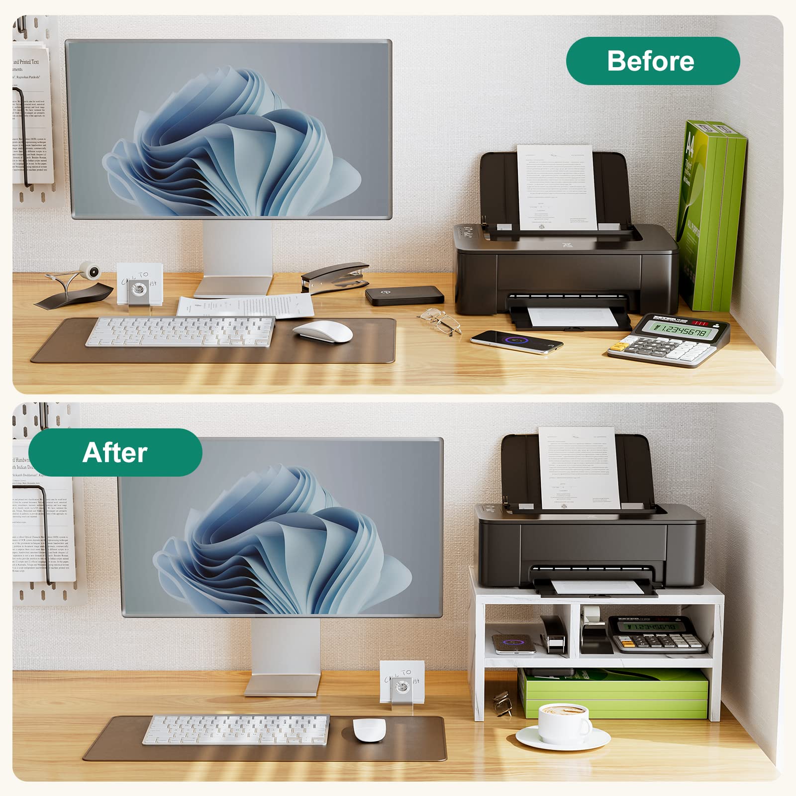 Printer Stand for Desktop, Wooden Printer Stand Shelf with Storage, Printer Shelf for Desk, Printer Holder for Home Office, Faux White Marble, 15.7â€?L x 11.8â€?W x 8.2â€?H