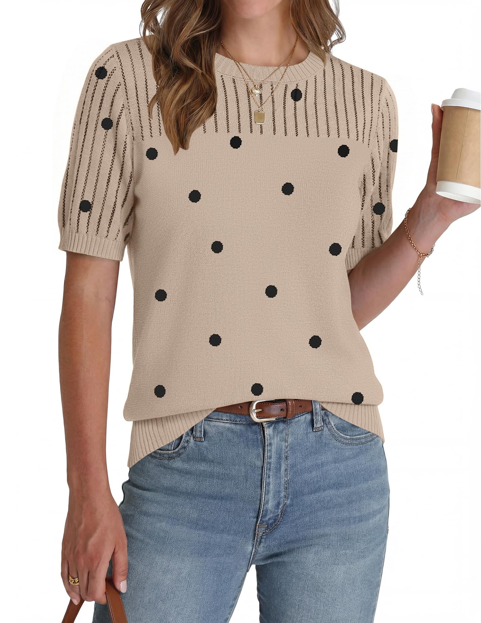 Zeagoo Womens Short Sleeve Sweater Tops 2026 Spring Summer Crew Neck Hollow Out Blouses Dressy Business Casual Outfits