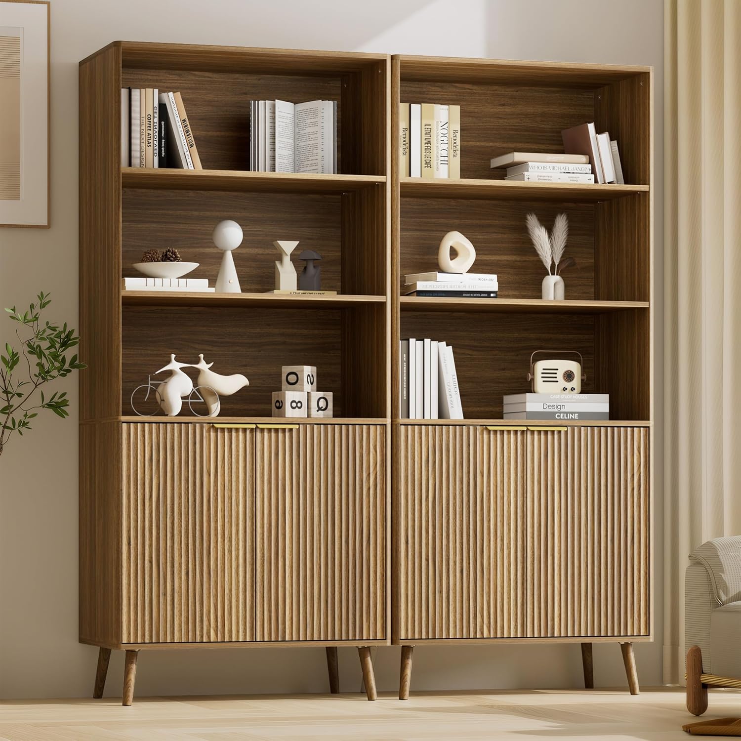 LYNSOM Walnut Bookshelf, 70.9" Tall Book Shelf, 5-Tier Bookcase with Fluted Doors and Adjustable Shelves, Wooden Storage Cabinet for Living Room, Office(Walnut, 2PCS)