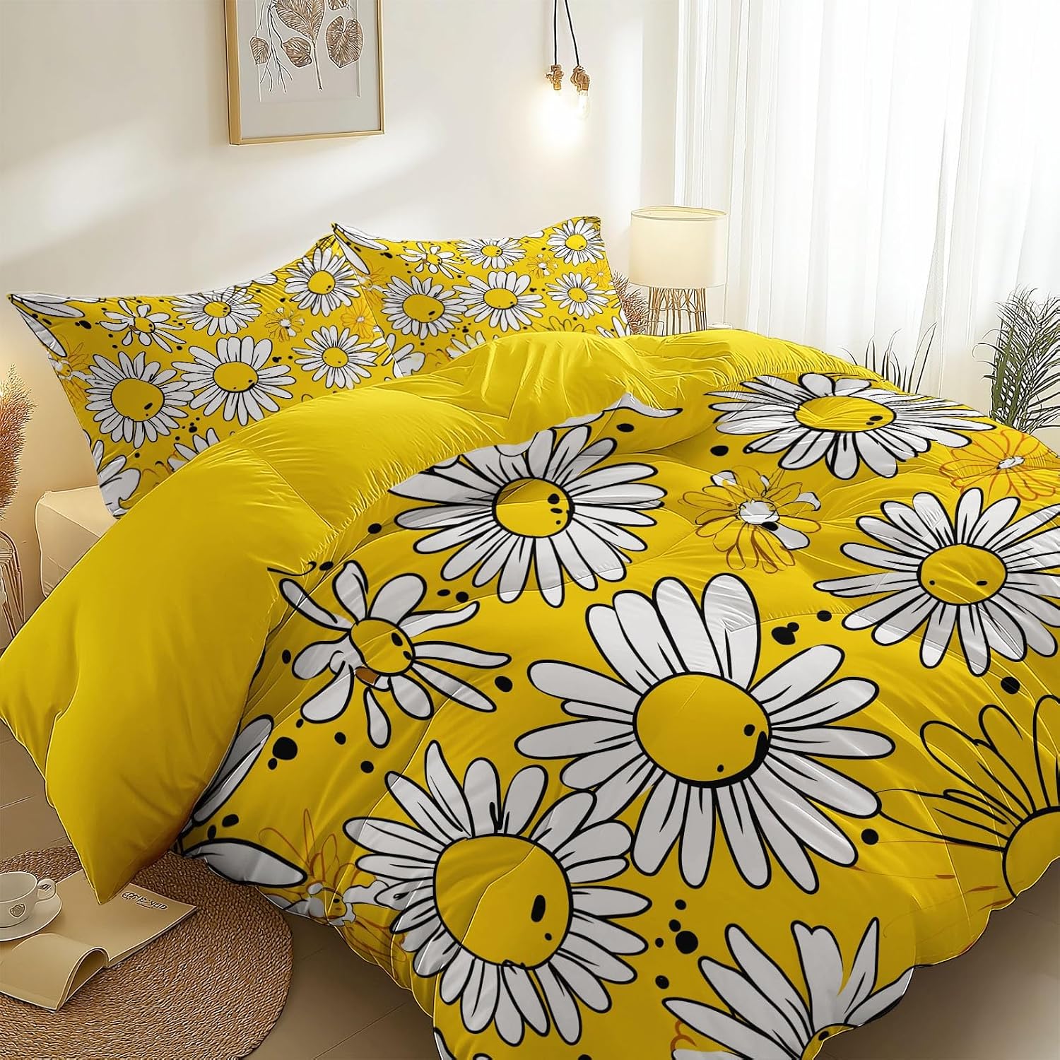 Single Bedding Duvet Cover Set- Yellow Printed 3 Piece Decorative Bedclothes, Abstract Flowers Hand-Painted Soft Microfiber Down Comforter Quilt Covers Closure for Men and Women