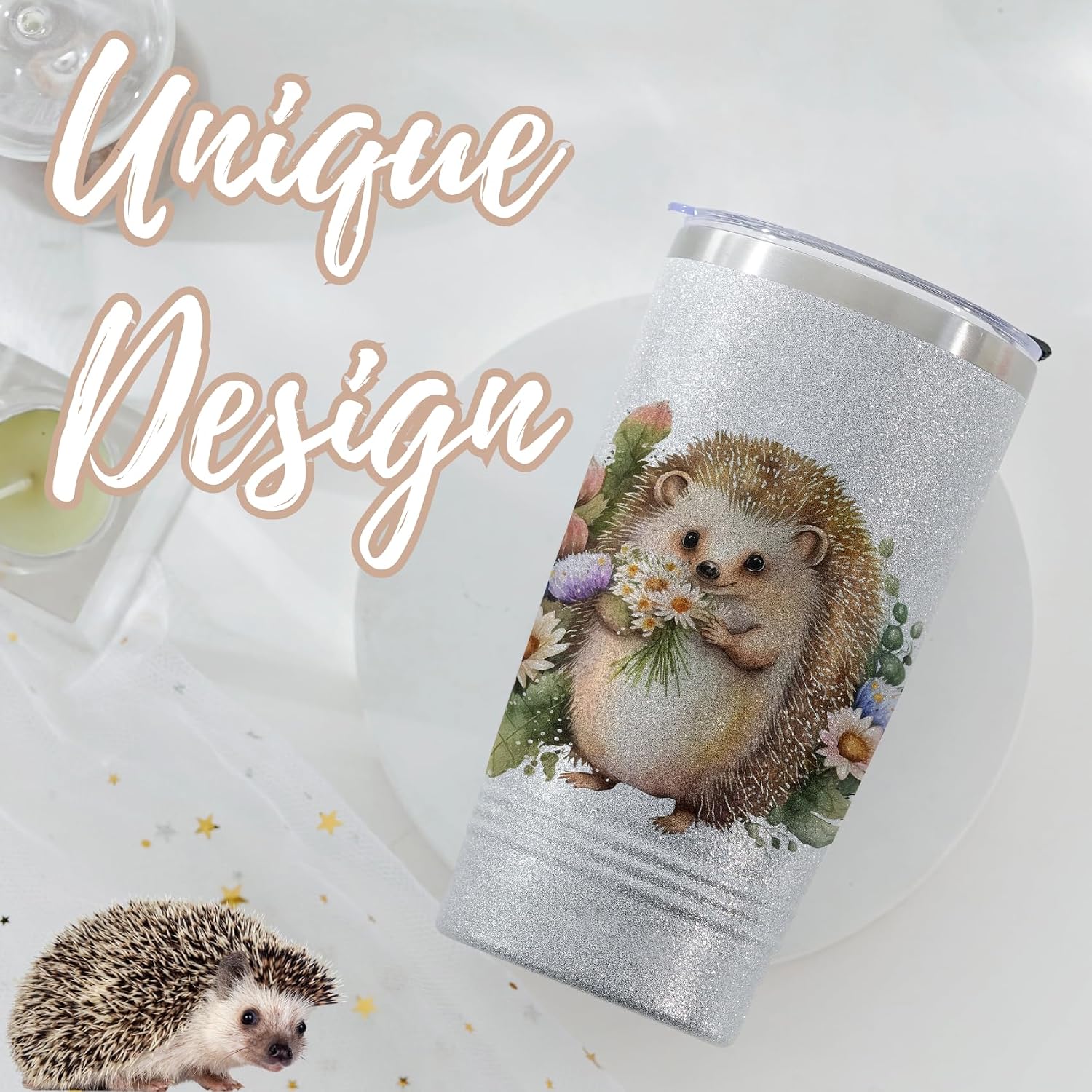 Onebttl Hedgehog Gifts for Women, Cute Glitter Hedgehog 20oz Tumbler with Lid and Straw, Gifts for Birthday, Christmas