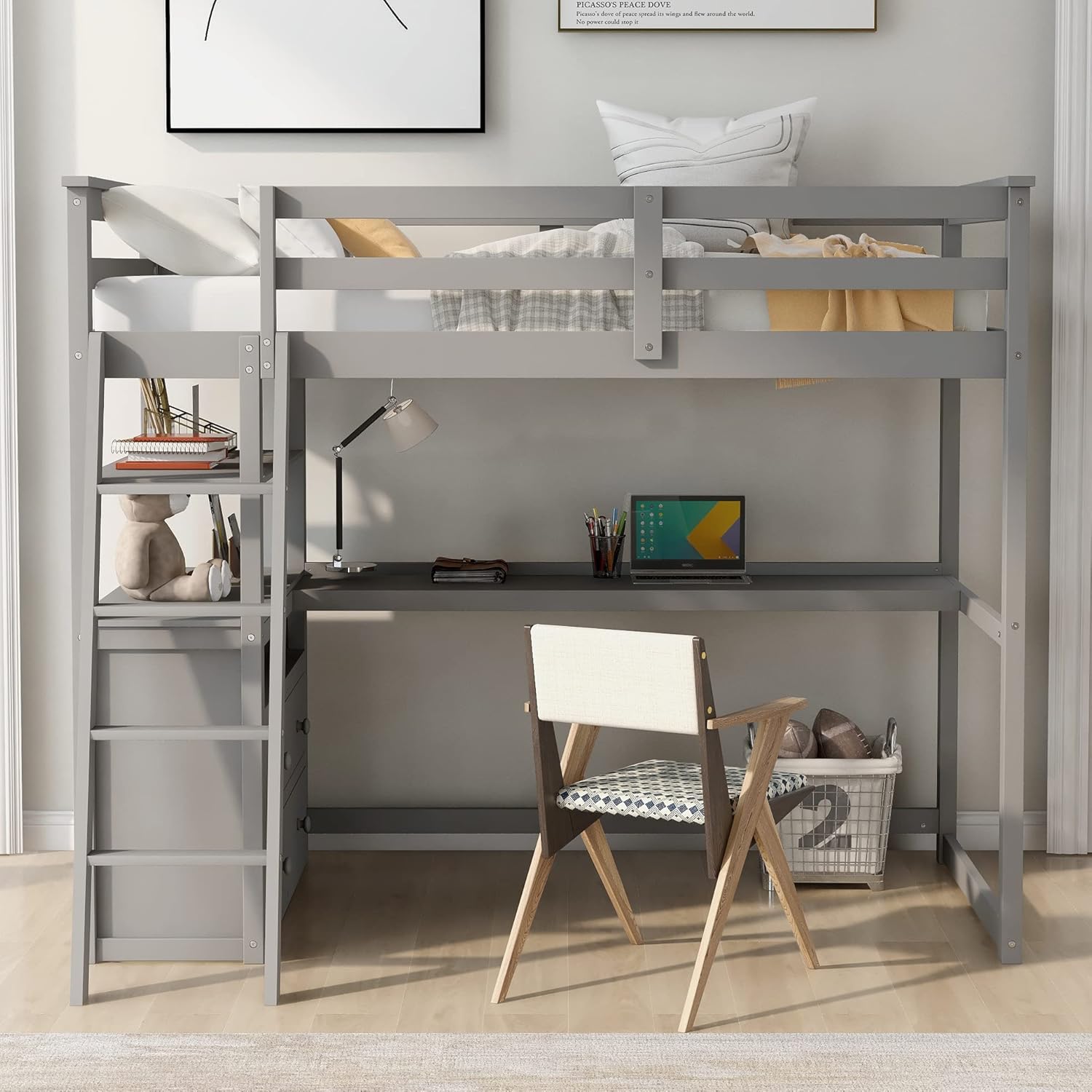 Buy P PURLOVE Modern Twin Loft Bed, loft Bed with Desk and with Storage, Wooden loft Bed Frame