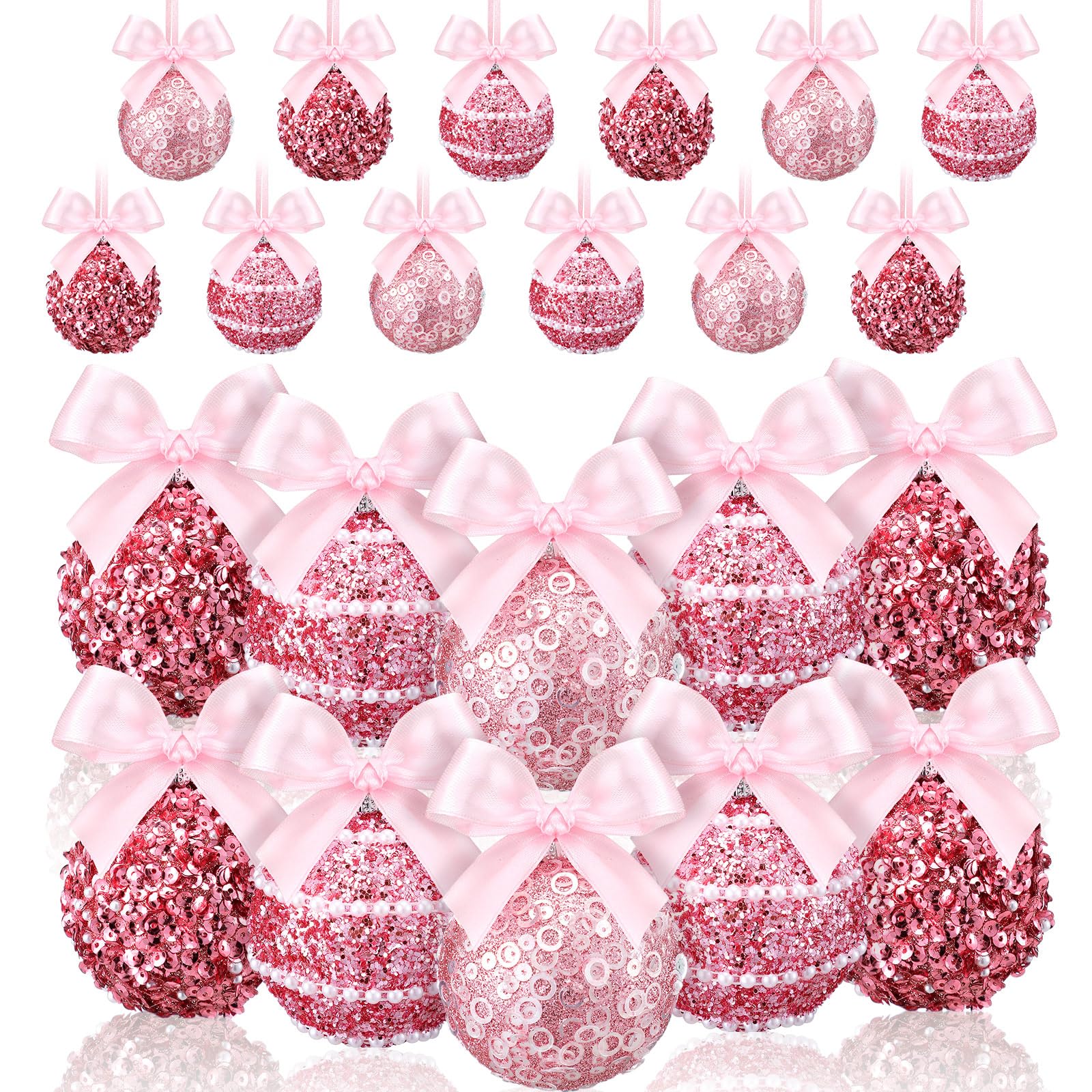 Hungdao Lot de 12 boules de Noël roses à suspendre en plastique incassable avec nœud coquette pour fêtes de Noël
