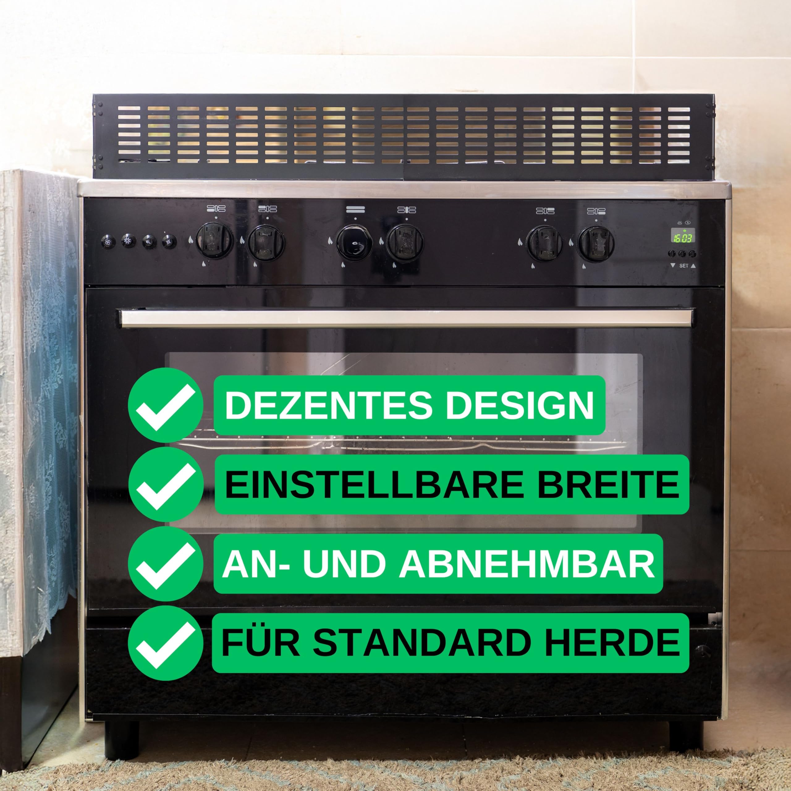 Herdschutzgitter Kindersicherung, 45 bis 70 cm ausziehbar, Schwarz, Set mit Backofentür Babysicherung, Herdschutz Gitter mit Scharnier-Seitenflügeln, zusammenfaltbar und verstaubar, Kochfeld Abdeckung