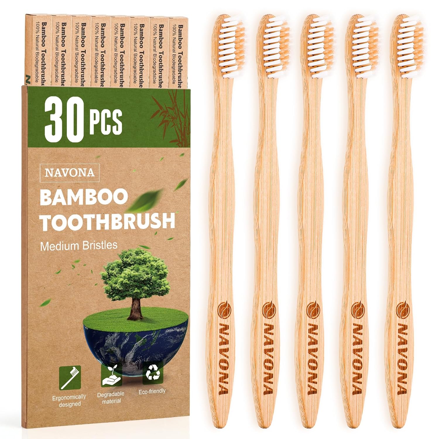 Navona 30 Escovas de Dente de Bambu, Sem BPA, Cerdas Macias para Adultos, Escovas de Dente Naturais e Ecológicas em Bulk, Caixa com Duas Escovas de Viagem Reutilizáveis