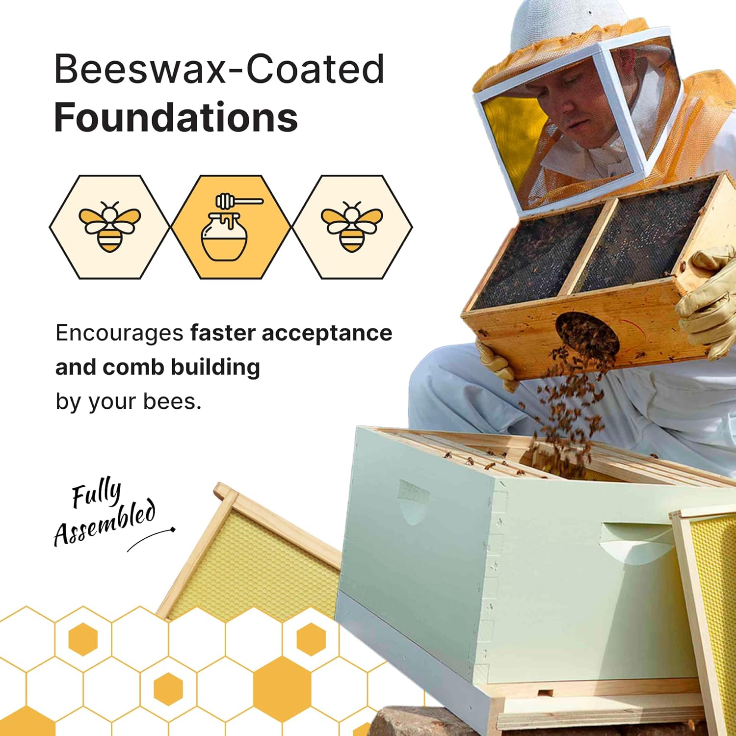 Mann Lake 10-Frame Medium Super Kit, Fully Assembled 6⅝" Super Box with 10 Durable Frames & Beeswax-Coated Plastic Foundation for Honey Storage, Beekeeping and Hive Expansion, Made in USA, Unpainted - Image 5