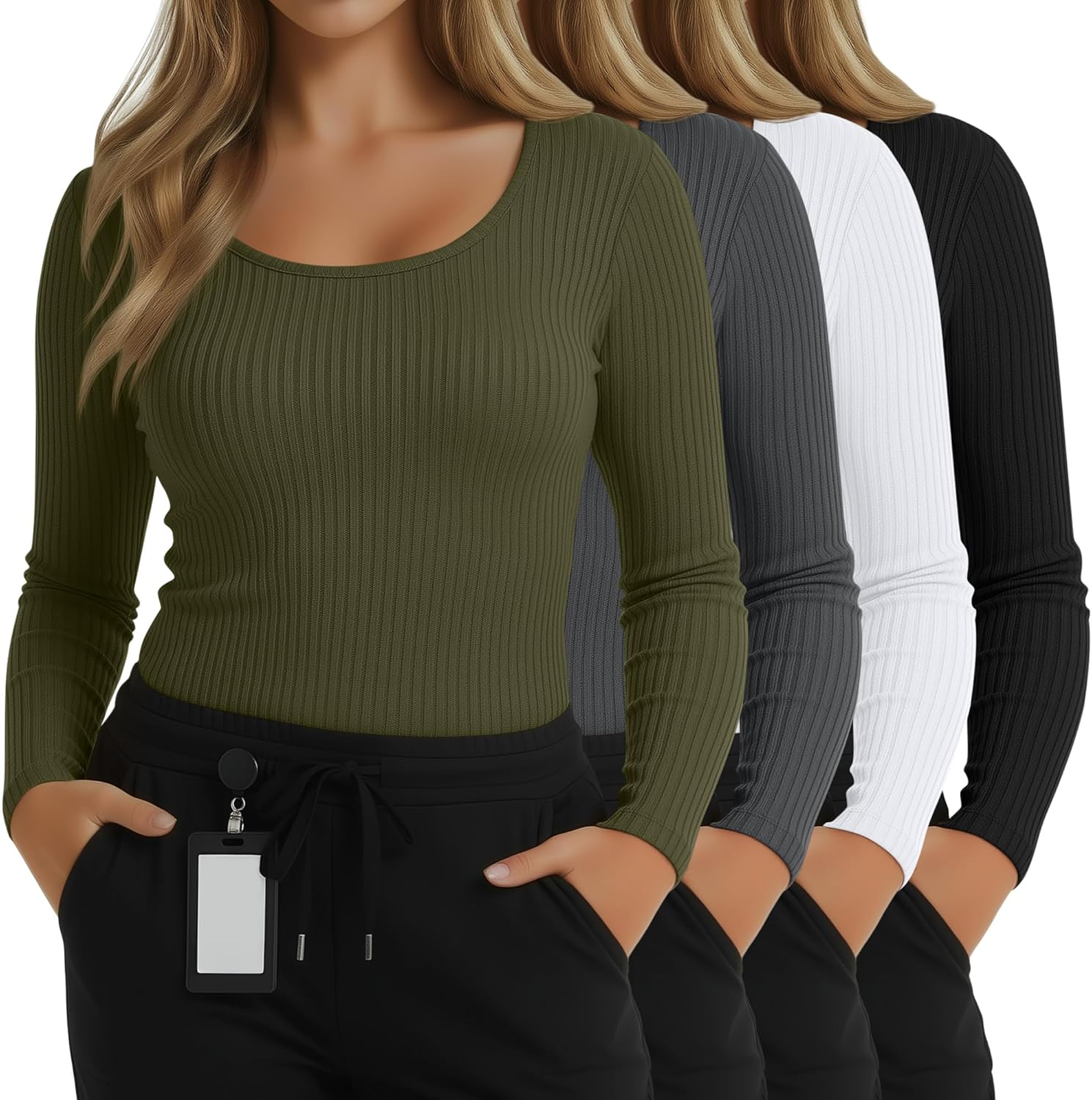 4 Pack Women's Plus Size Underscrubs Shirts, Cotton Ribbed Long Sleeve Nurse Top Scoop Neck Fitted Basic Undershirt