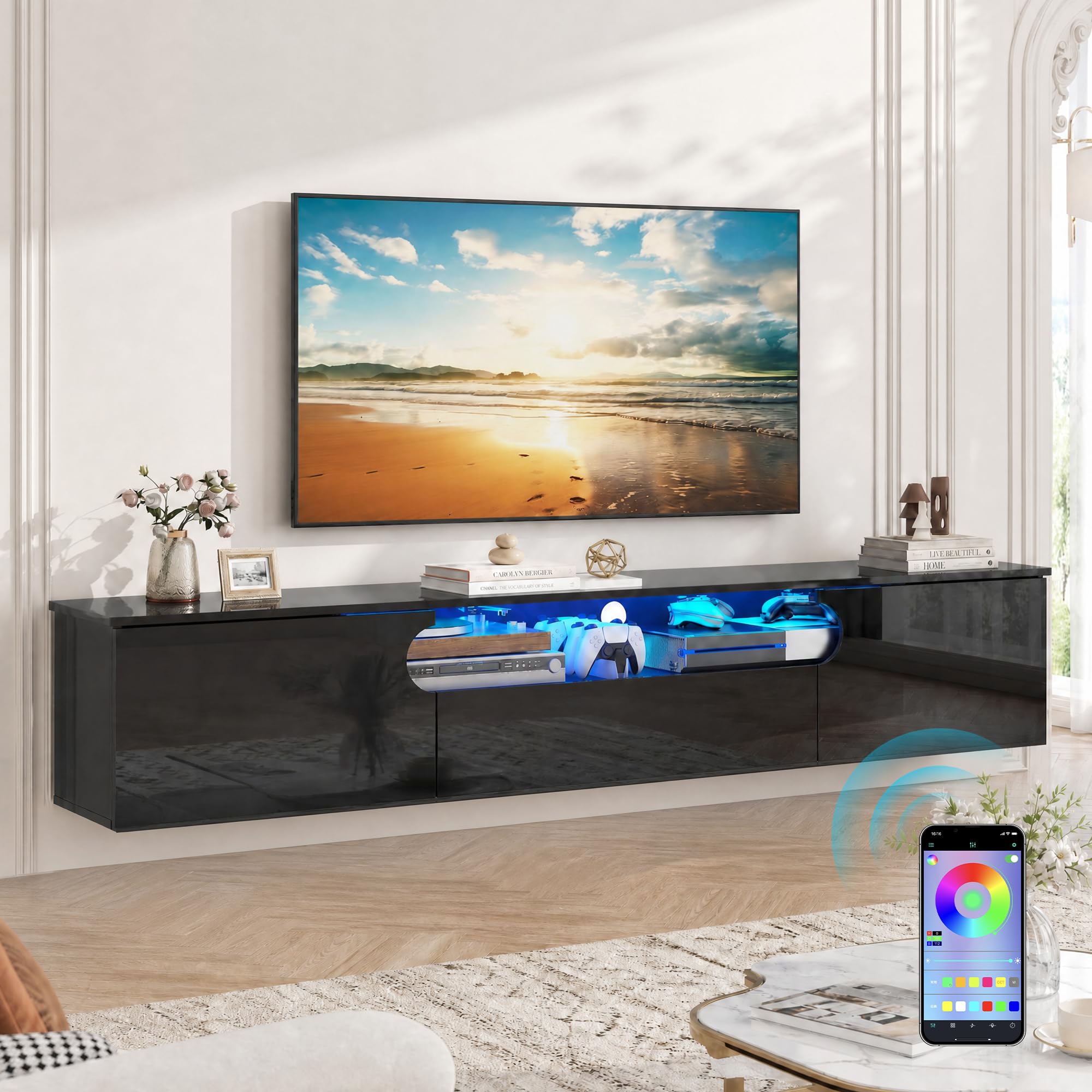 160cm High Gloss Floating TV Stand Cabinet With LED Lights Up to 65in TV,Wall Mounted TV Unit with Open Shelf&Drawer&Cabinets,Modern Entertainment Center Media Console for Living Room,Bedroom,Black