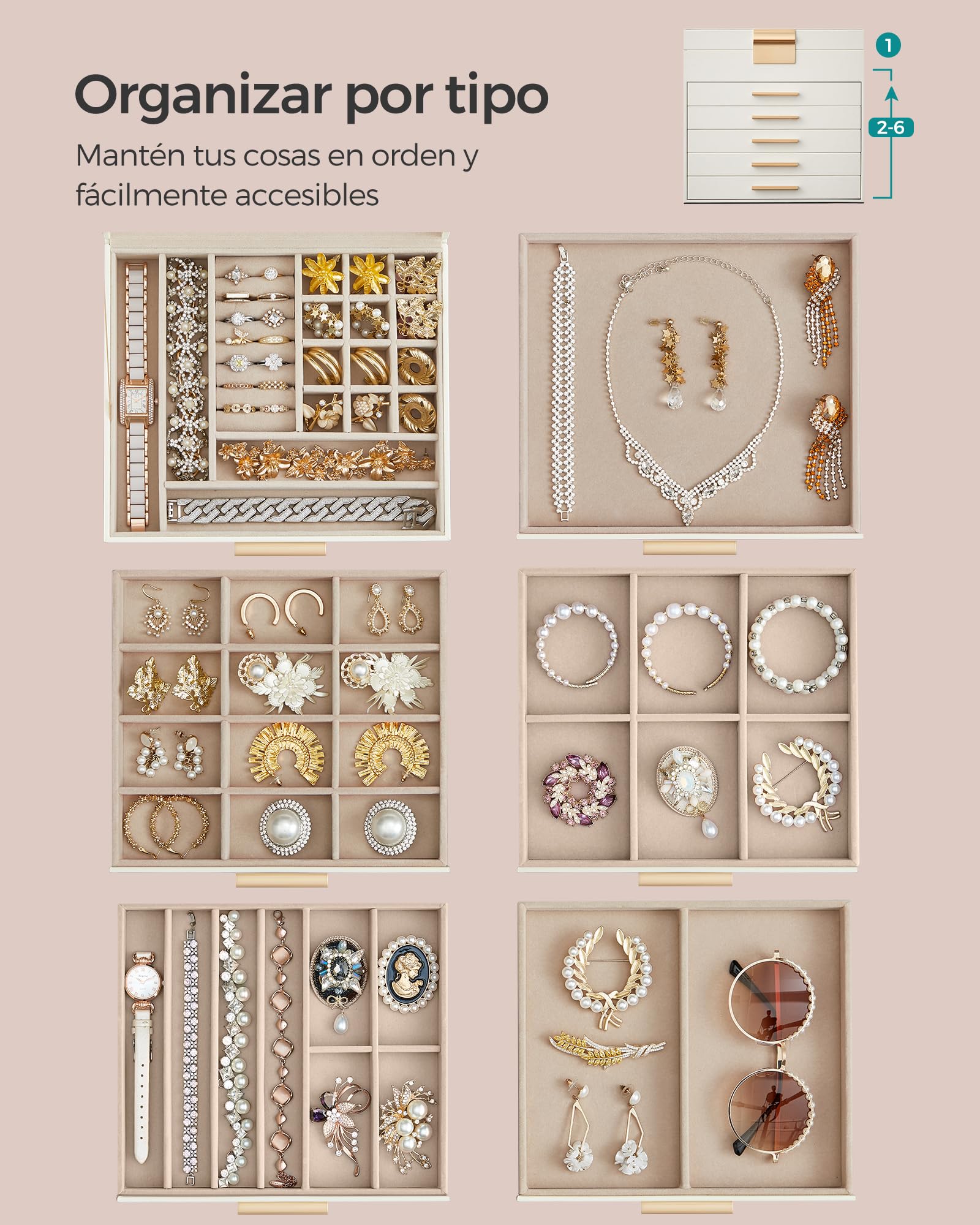 SONGMICS GISELLA Caja de Joyas 6 Niveles 5 Cajones 20,3x23,1x22,8 cm Blanco Nube y Dorado