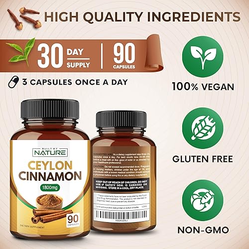 Miniatura 2 de Suplemento de canela de 1800 mg con polvo de canela de Ceilán orgánico de alta potencia, apoya el metabolismo del azúcar y la salud cardíaca,