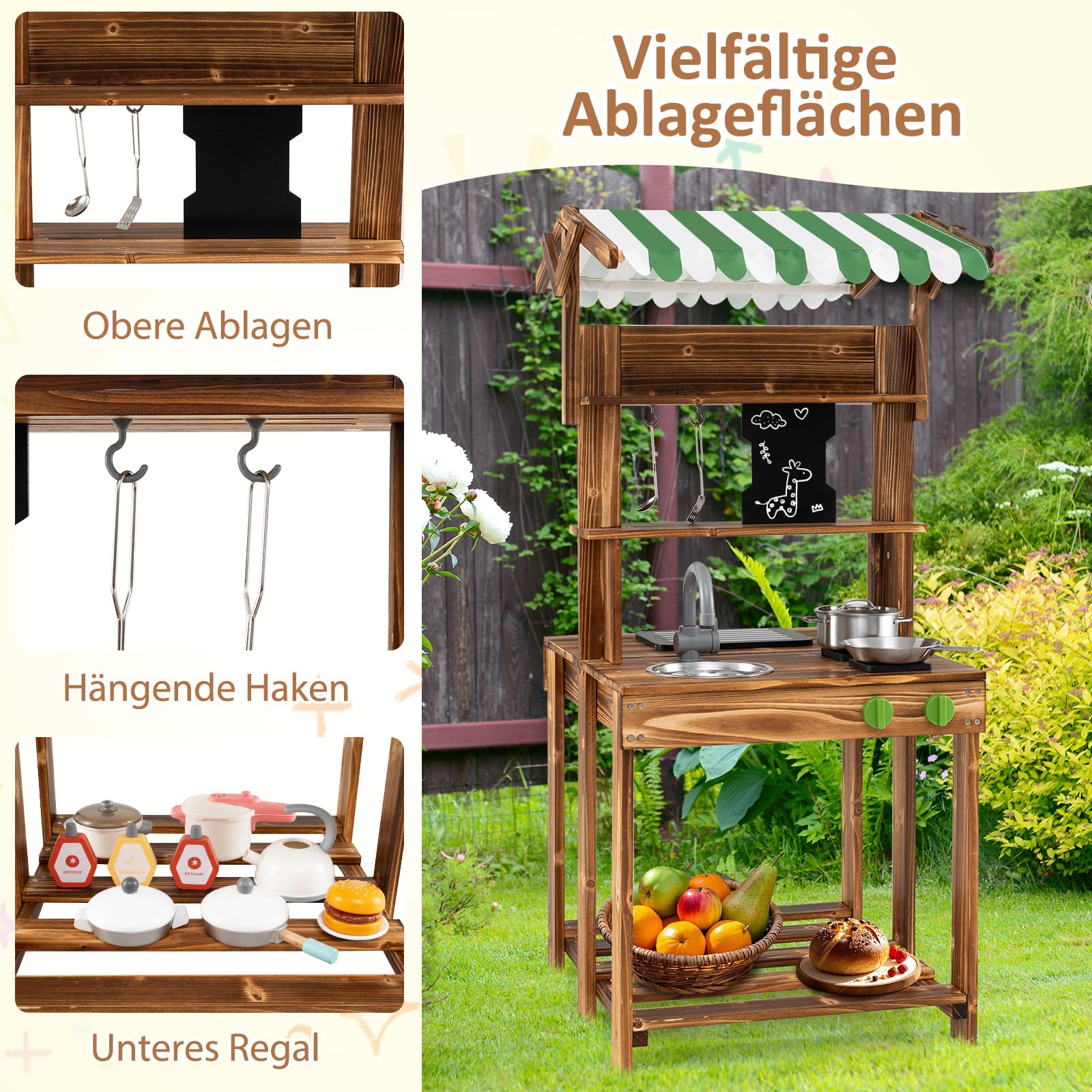 COSTWAY Matschküche Kinder Outdoor, Doppelseitige Kinderküche mit Dach, Schultafel, Spüle & Wasserhahn, Outdoorküche Spielküche Holz für Jungen & Mädchen ab 3 Jahren