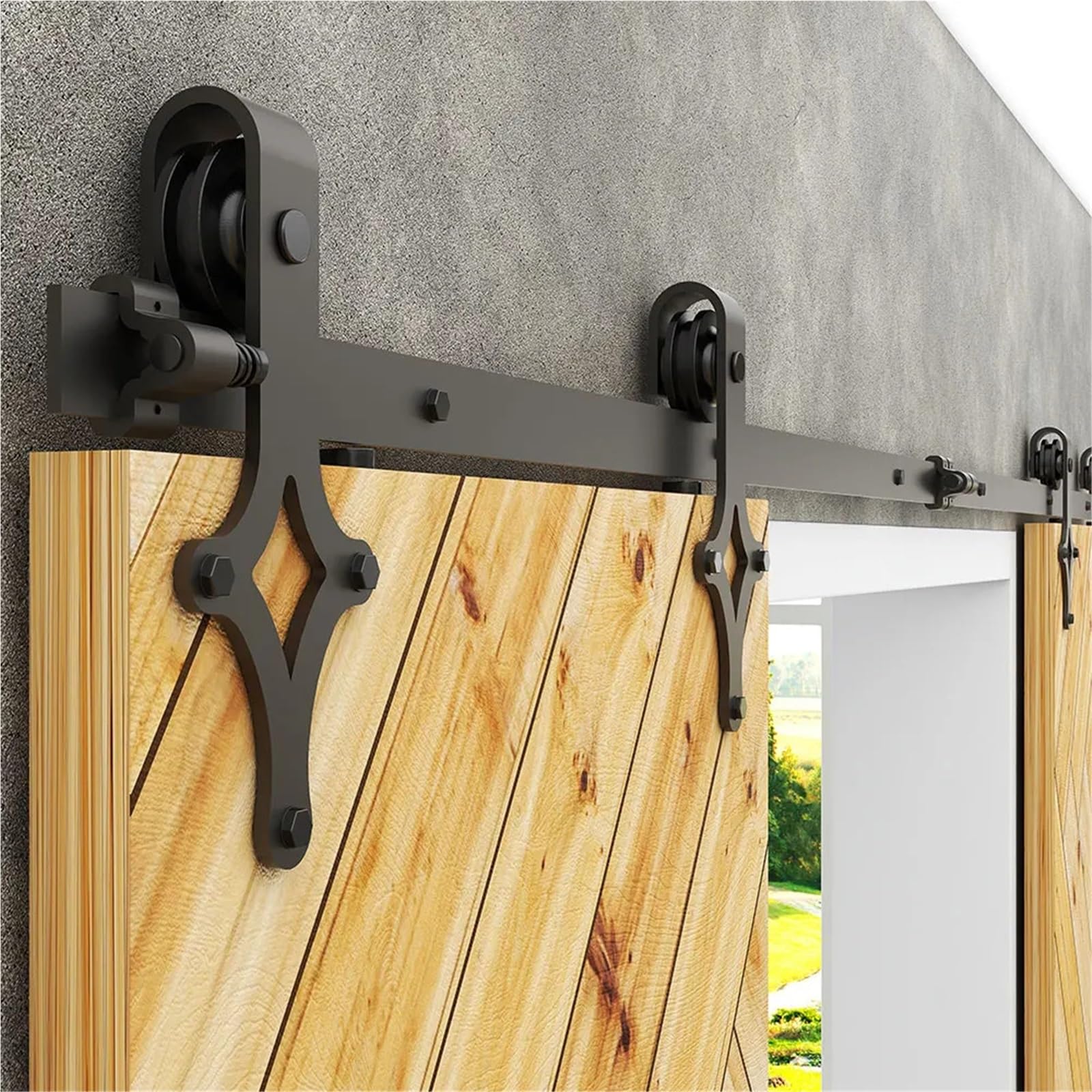 Barn Door Sliding Kit, Sliding Barn Door Hardware Kit Heavy Duty Smoothly and Quietly Easy to Install Fit Double Panel Diamon Style Hangers Black(6.6FT-203CM)
