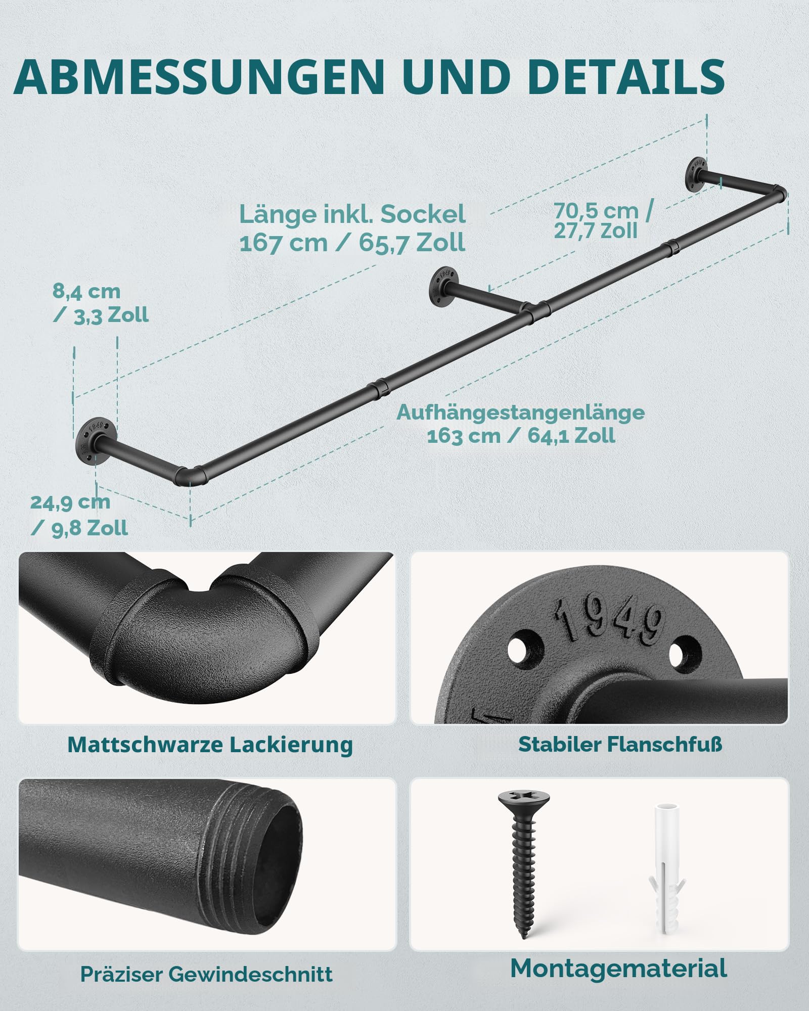 OROPY Industrielle Rohr Kleiderstange, 167 cm Wandmontage Abnehmbare Retro Metall Kleiderstange zum Aufhängen von Kleidung, Robuste Kleiderstange für Schlafzimmeraufbewahrung (3 Basis)