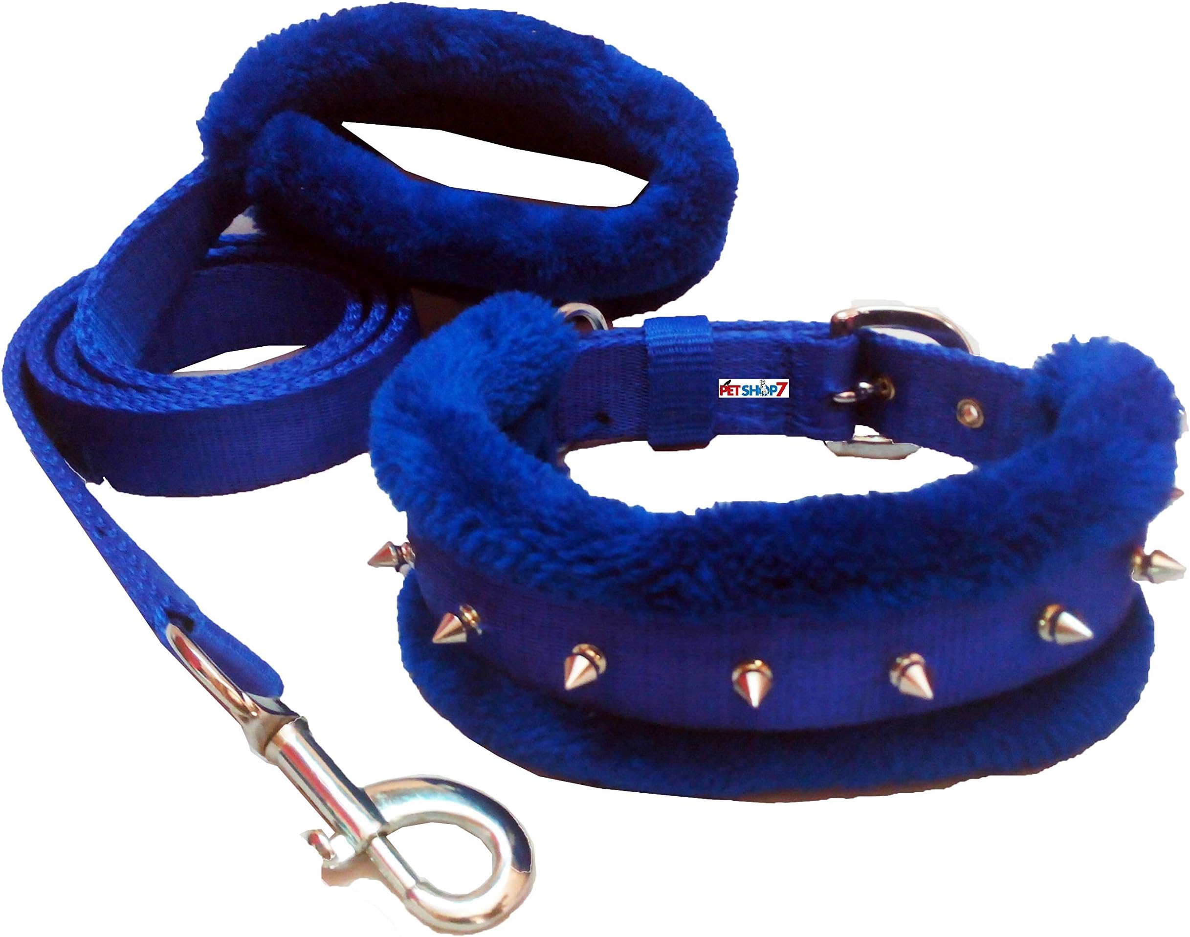 Nylon Fur Padded Spike Dog Collar & Dog Leash - Medium (Adjustable Neck Size : 14-17inch) Blue