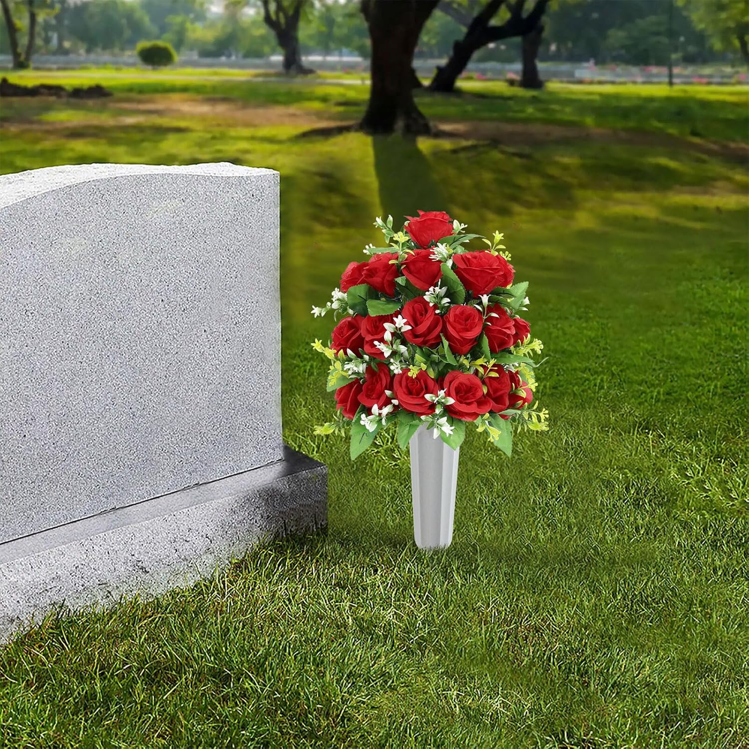U'Artlines 2Pcs Artificial Cemetery Flowers with Vase for Grave, Silk Memorial Day Rose Flowers Bouquet Outdoor Grave Flowers for Grave Vase Cemetery Graveyard Headstones (Red)