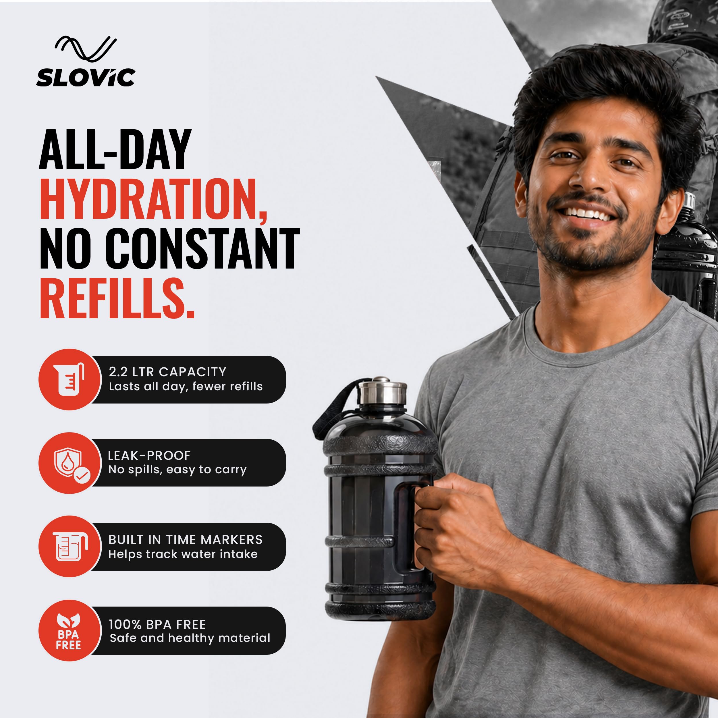 SLOVIC Gallon Water Bottle 2 + Litre | Gym Motivational Sipper Water Bottle for Adults | 100% BPA Free & Leakproof | 2 Litre Sipper for Men & Women with Ergonomic Handle | Transparent | 2200 ML — Amazon image 2