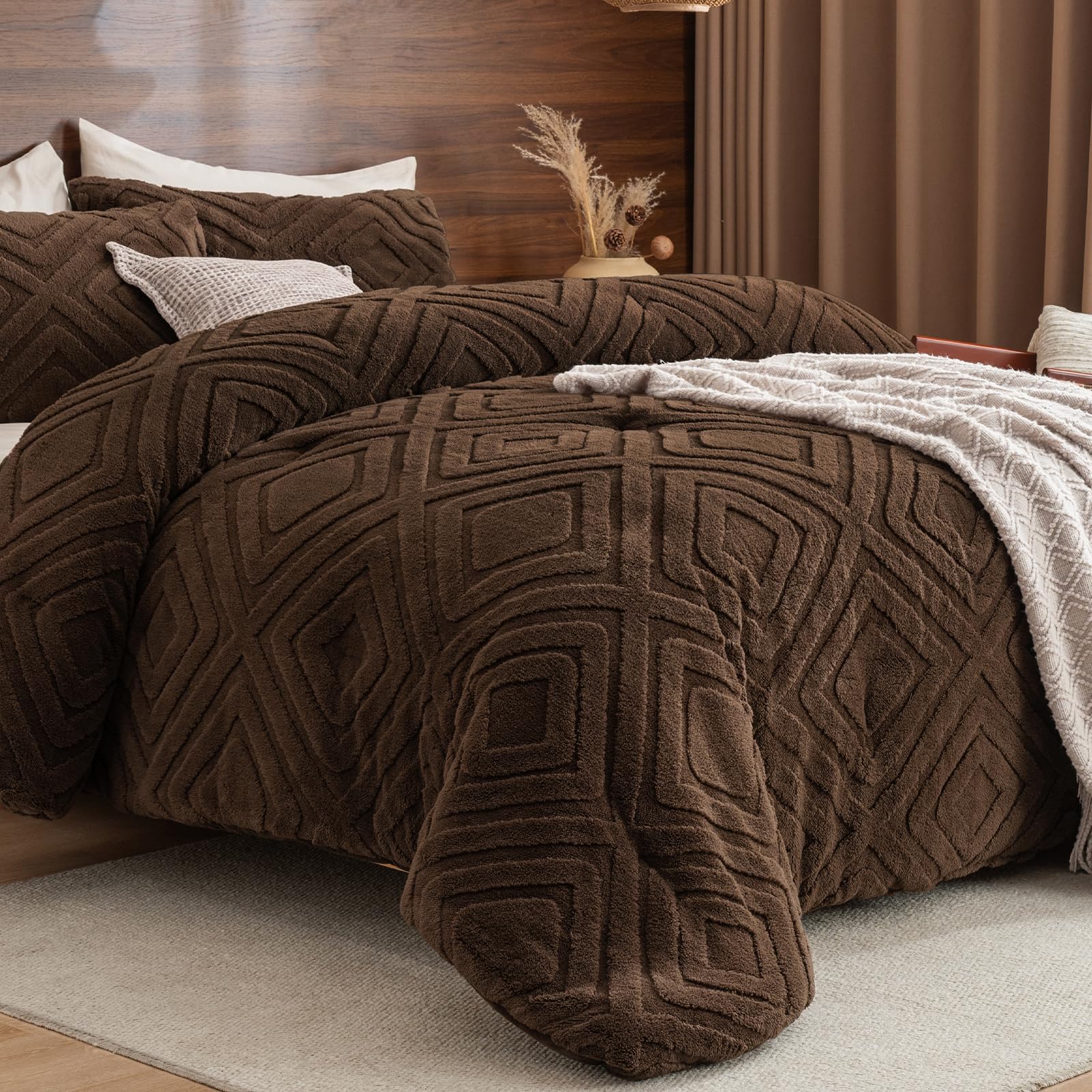 PHF Sherpa Queen Comforter Set, Winter Fluffy Pinecone Brown Comforter Set