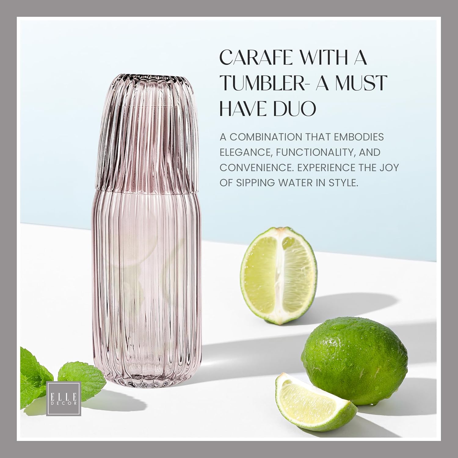 elle decor Ribbed Bedside Water Carafe with Tumbler Set | Ribbed Glass Pitcher and Matching Drinking Glass Doubles as Lid | 39-Ounce Jug for Guest Room, Office, or Gift | 4” x 9.5” (Smoke Gray) - Image 2