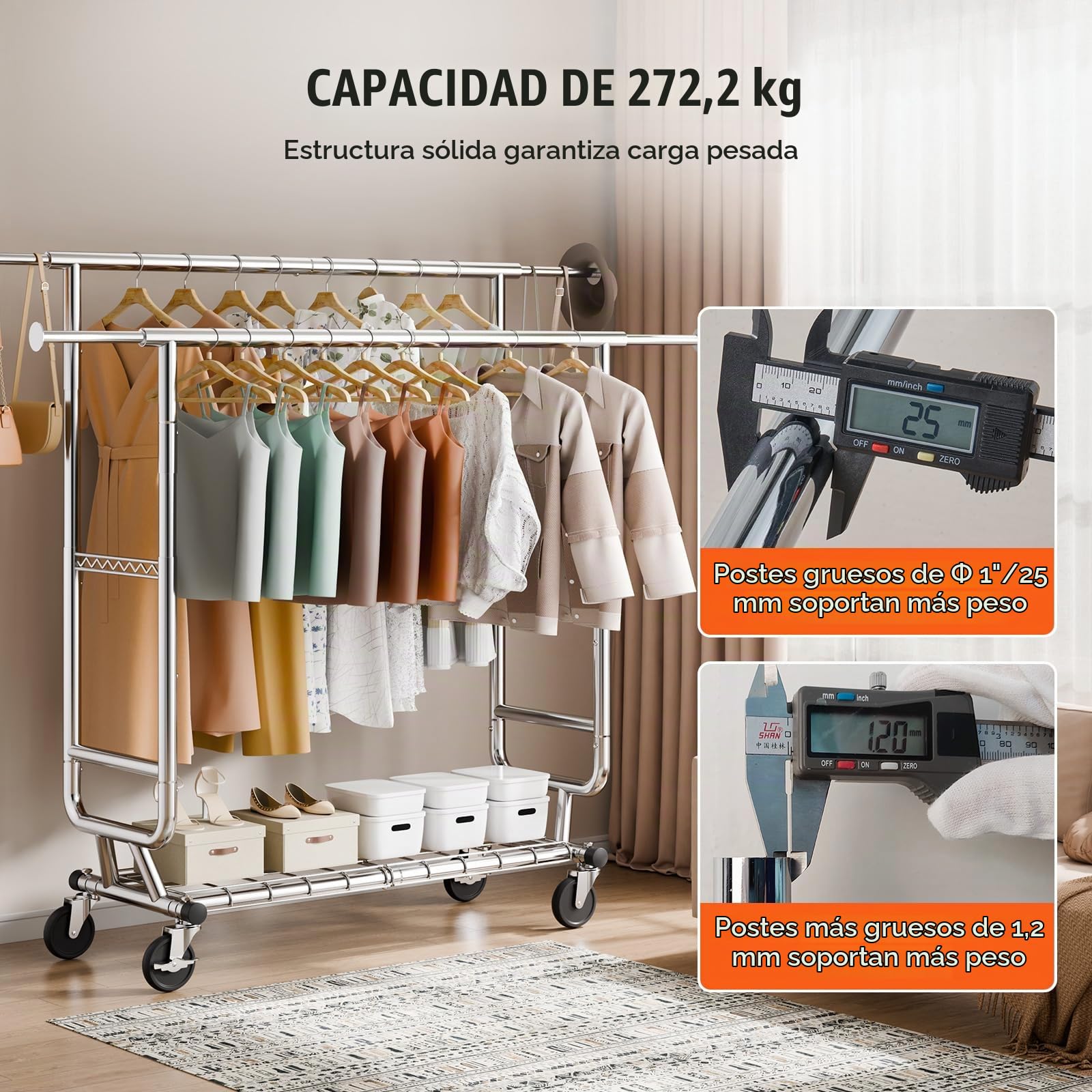 VEVOR Perchero Burro para Ropa con 4 Ruedas de 1 Estante y 2 Barras Longitud Extensible de 128-191 cm Altura de 144-187 cm Perchero de Acero Carga de 272 kg para Almacenaje de Ropas en Dormitorios