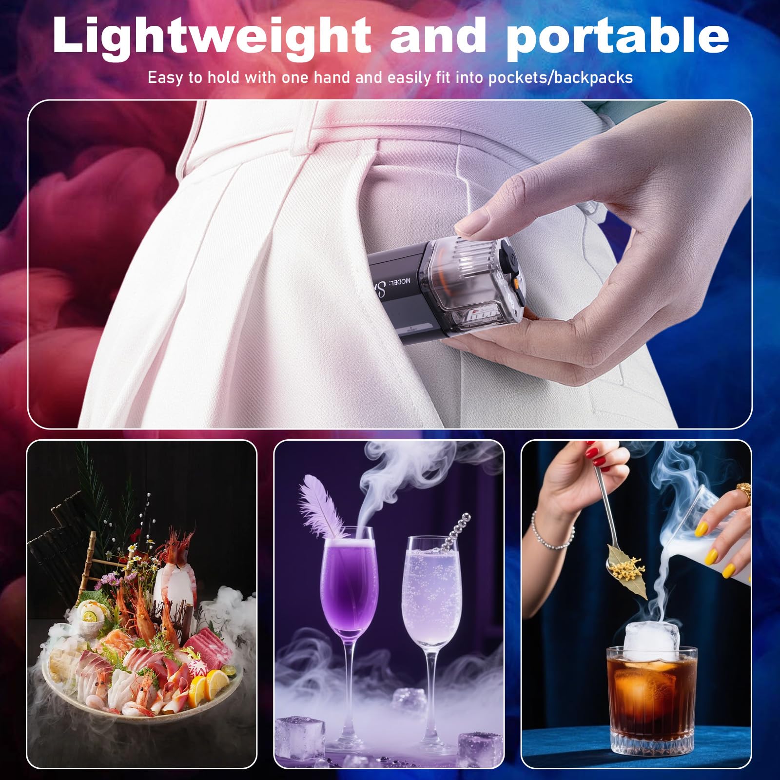 Mini macchina per nebulizzare con telecomando senza fili, 30W, portatile, con batteria, portata di 10m, ricaricabile, macchina per fumo per fotografia, matrimoni, feste e Halloween
