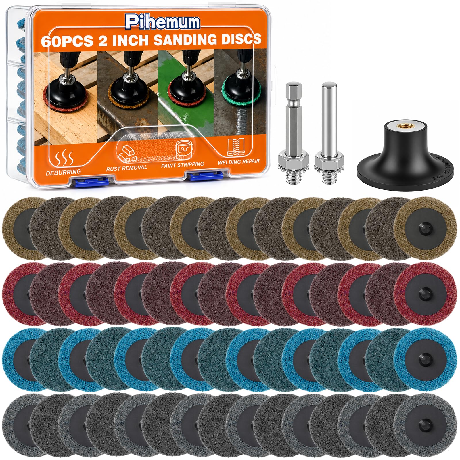 60 Pcs Quick Change Surface Prep Discs, 2 Inch 4-Grit (Coarse to Extra Fine) Aluminium Oxide Nylon Roll Lock Sanding Discs, with 1/4" Round & Hex Shank, for Die Grinder, Grinding, Polishing