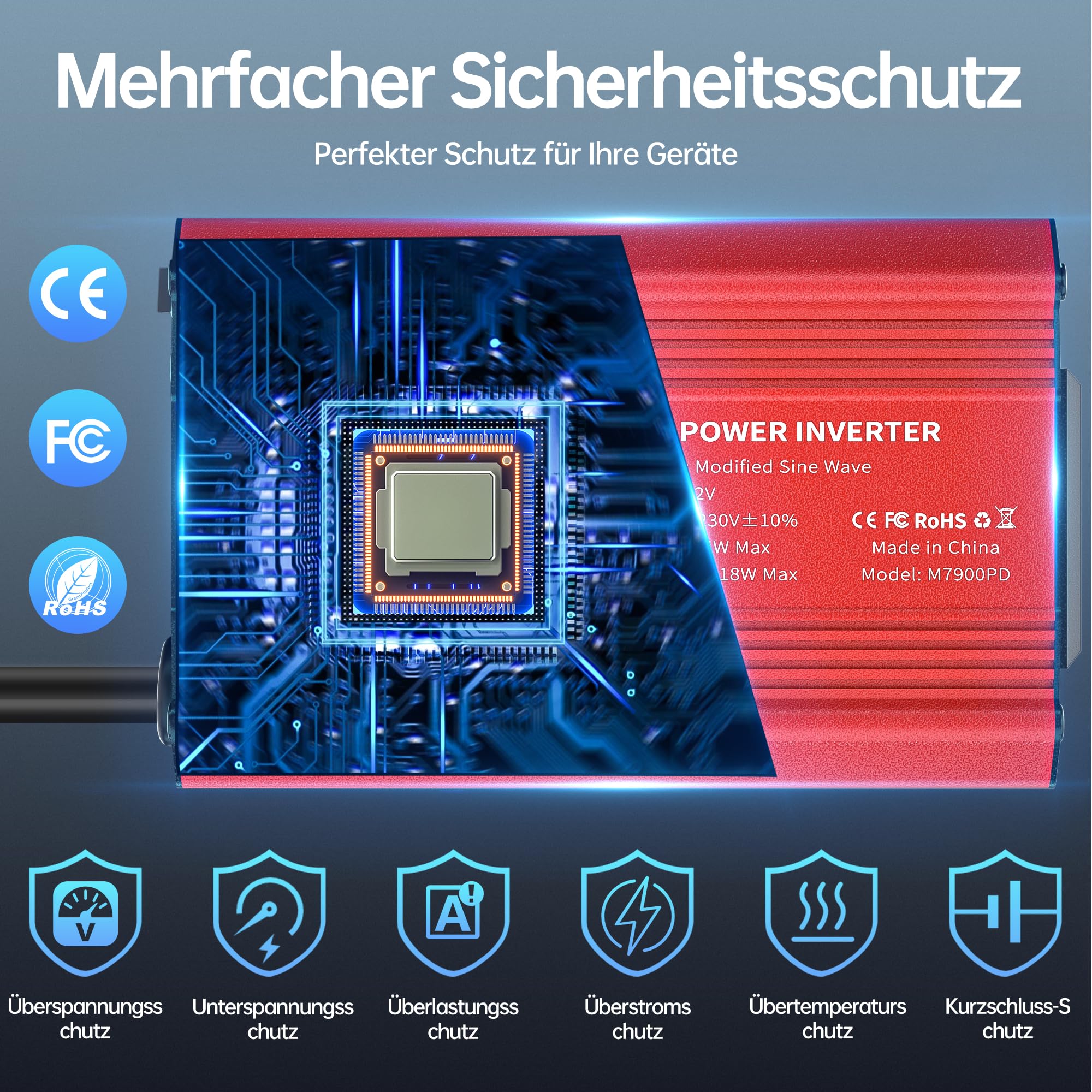 Upgrade 300W Spannungswandler, Wechselrichter 12V auf 230V Stromumwandler mit PD 65W & QC3.0 18W USB kfz ladegerät und Auto Steckdose, Laden Sie Ihr Laptop, iPad, iPhone Und Mehr - Rot