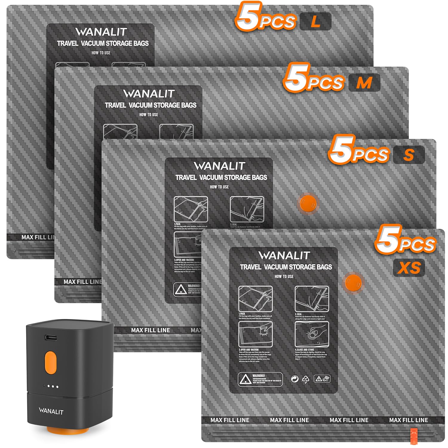 WANALIT Reise-Vakuumbeutel mit wiederaufladbarer Luftpumpe, Handgepäck-Kompressionsbeutel, platzsparende Vakuumbeutel für Kleidung, Verpackung in Kabinentasche, karierter Koffer, 20 Kombi, 4