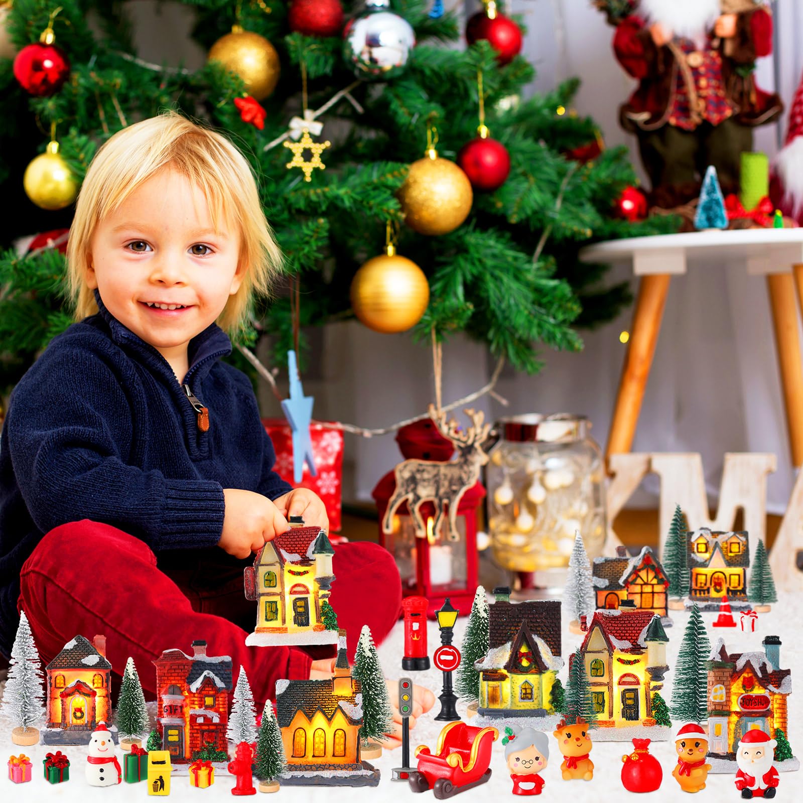 Liliful Lot de 40 maisons de village de Noël lumineuses à LED avec figurines en résine - Bâtiments de collection de Noël miniatures - Scène de ville de Noël - Décoration de bureau