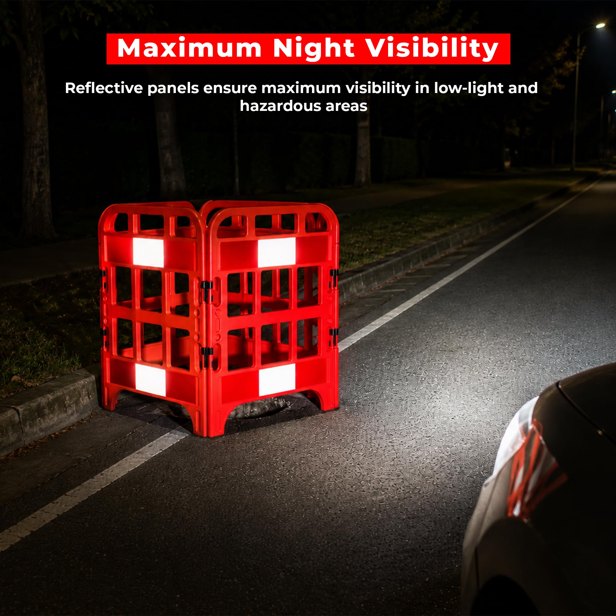Barrera plegable – Rojo | Puerta temporal plegable de 4 piezas | Barrera de seguridad reflectante para la seguridad de peatones y trabajadores