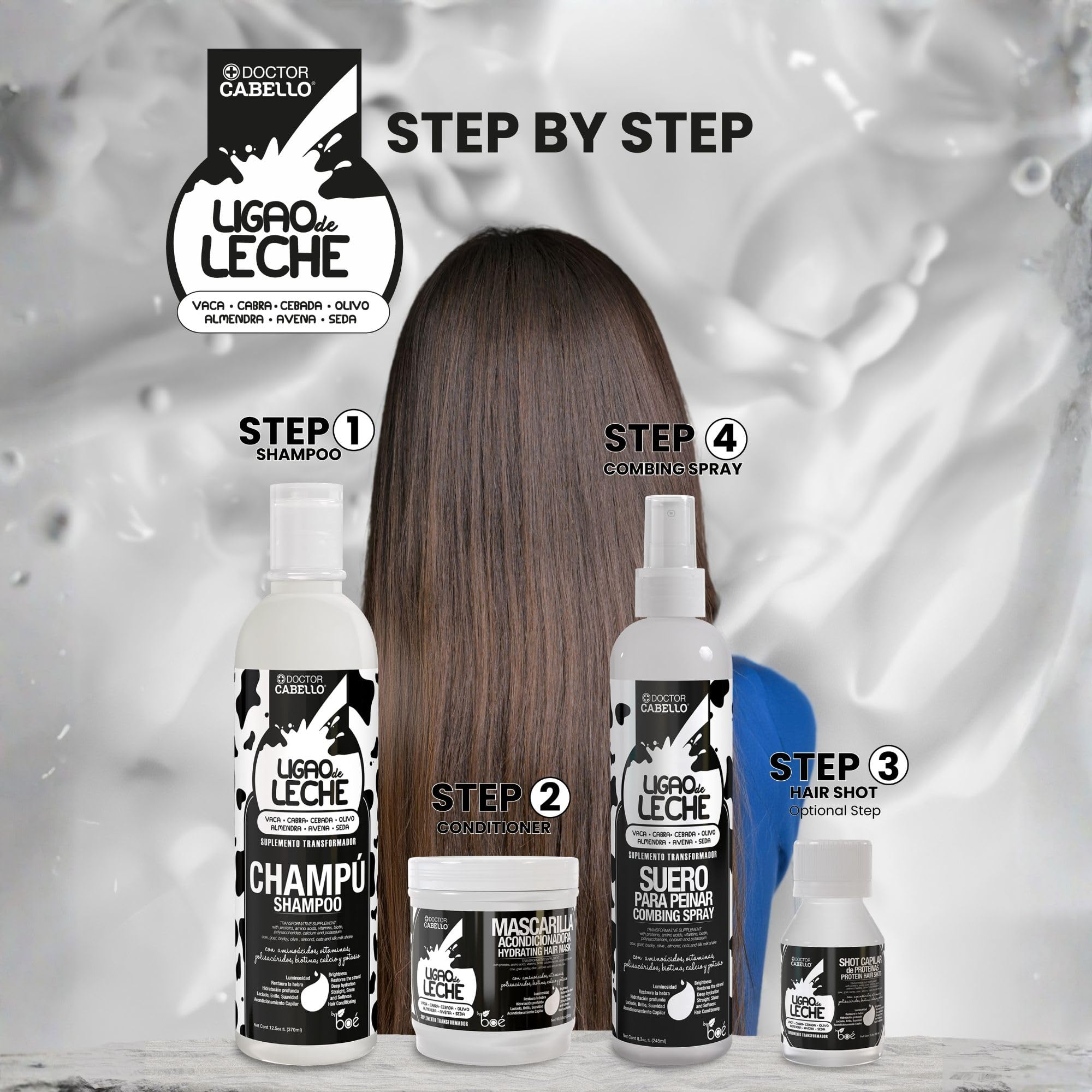 Ligao de Leche Hair Care Repair Set – 4-Piece Shampoo, Mask, Protein Shot & Spray