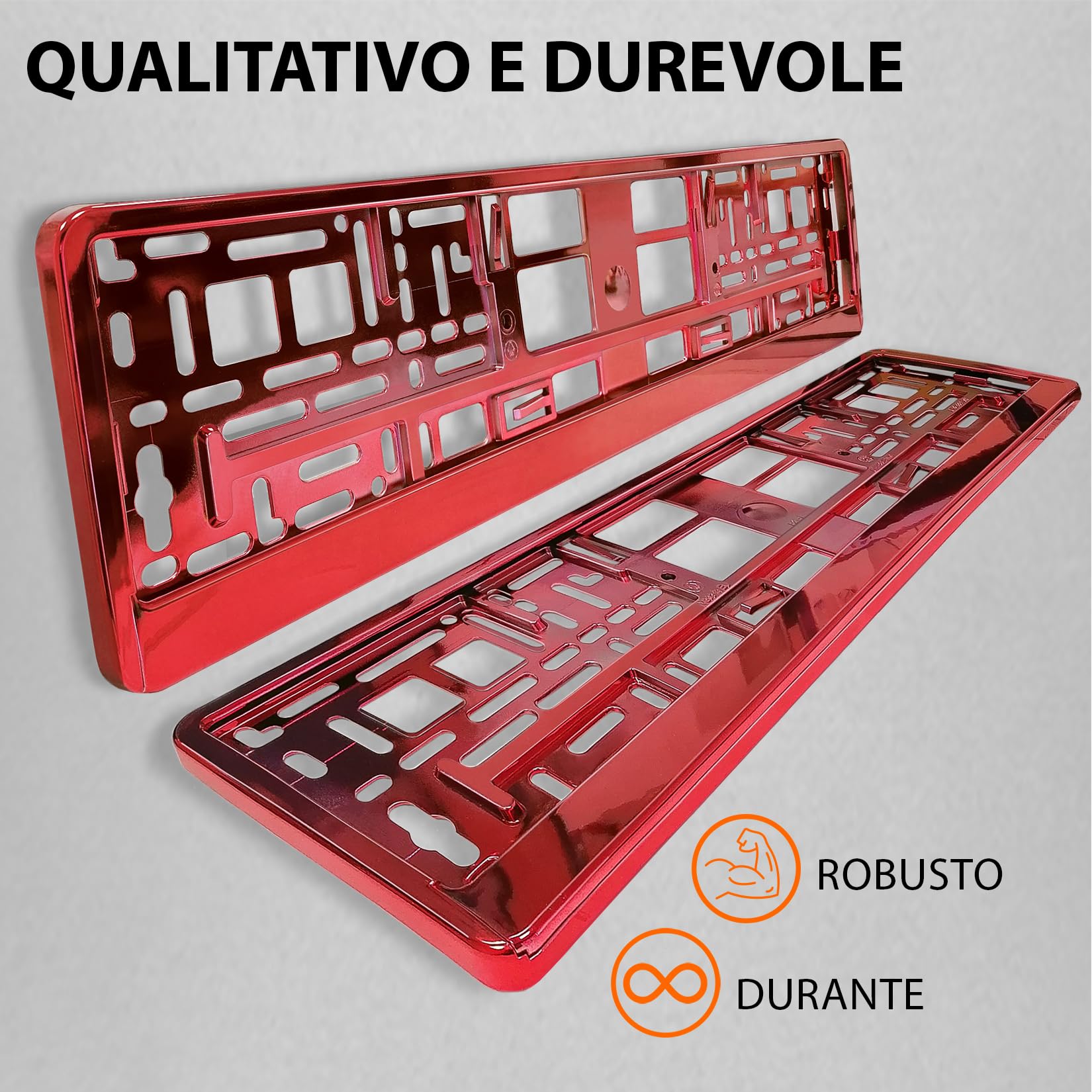 Portatarga Auto - Supporto Targa - [semplice, durevole e sicuro] - 8 viti - 520x110 mm - Rosso Cromo - Porta Targa - adatto a qualsiasi auto - per targhe italiane omologate - Fissaggio per Targa