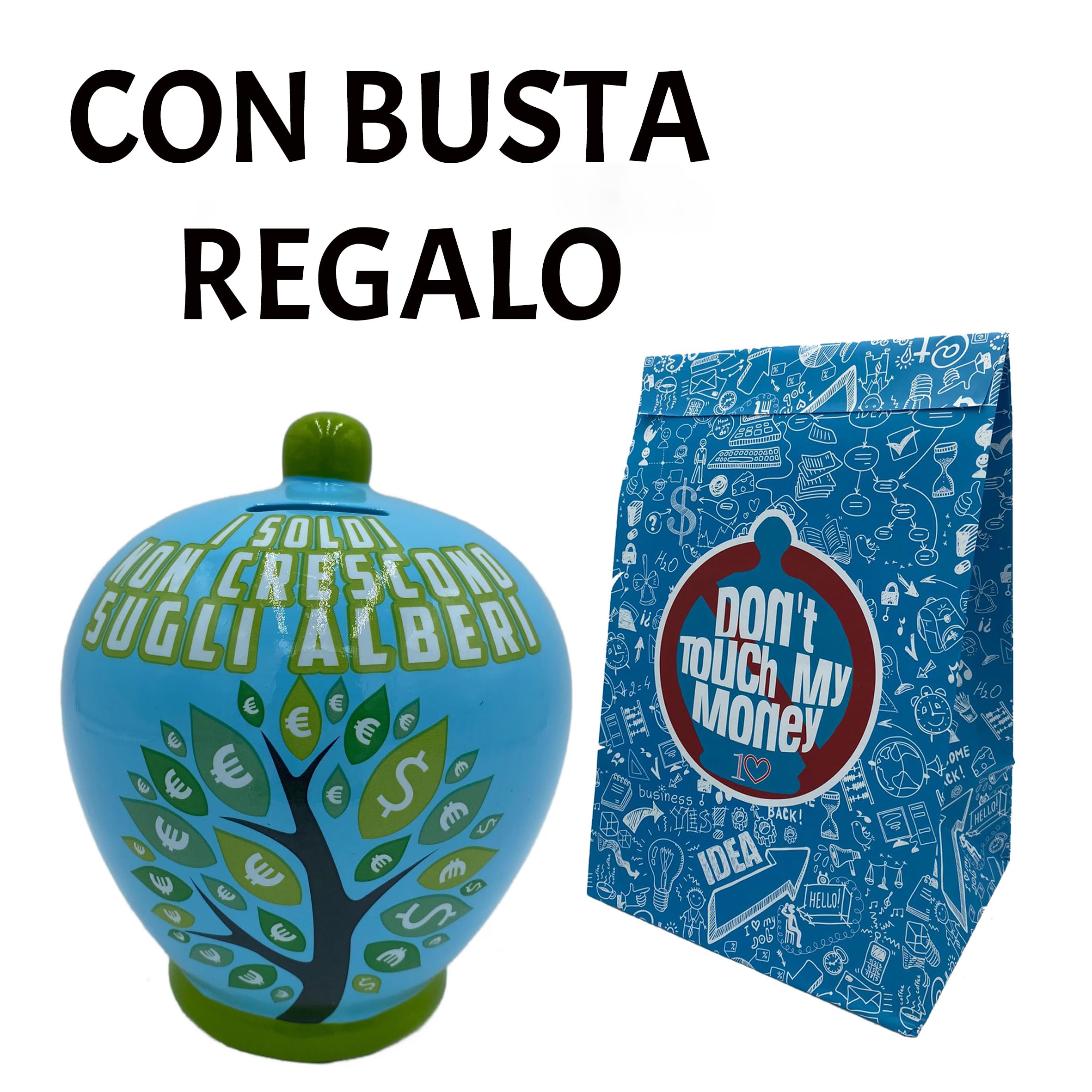 Salvadanaio in ceramica decorativo - Idea regalo Salvadanaio alto 20 centimetri (I Soldi Non Crescono Sugli Alberi)