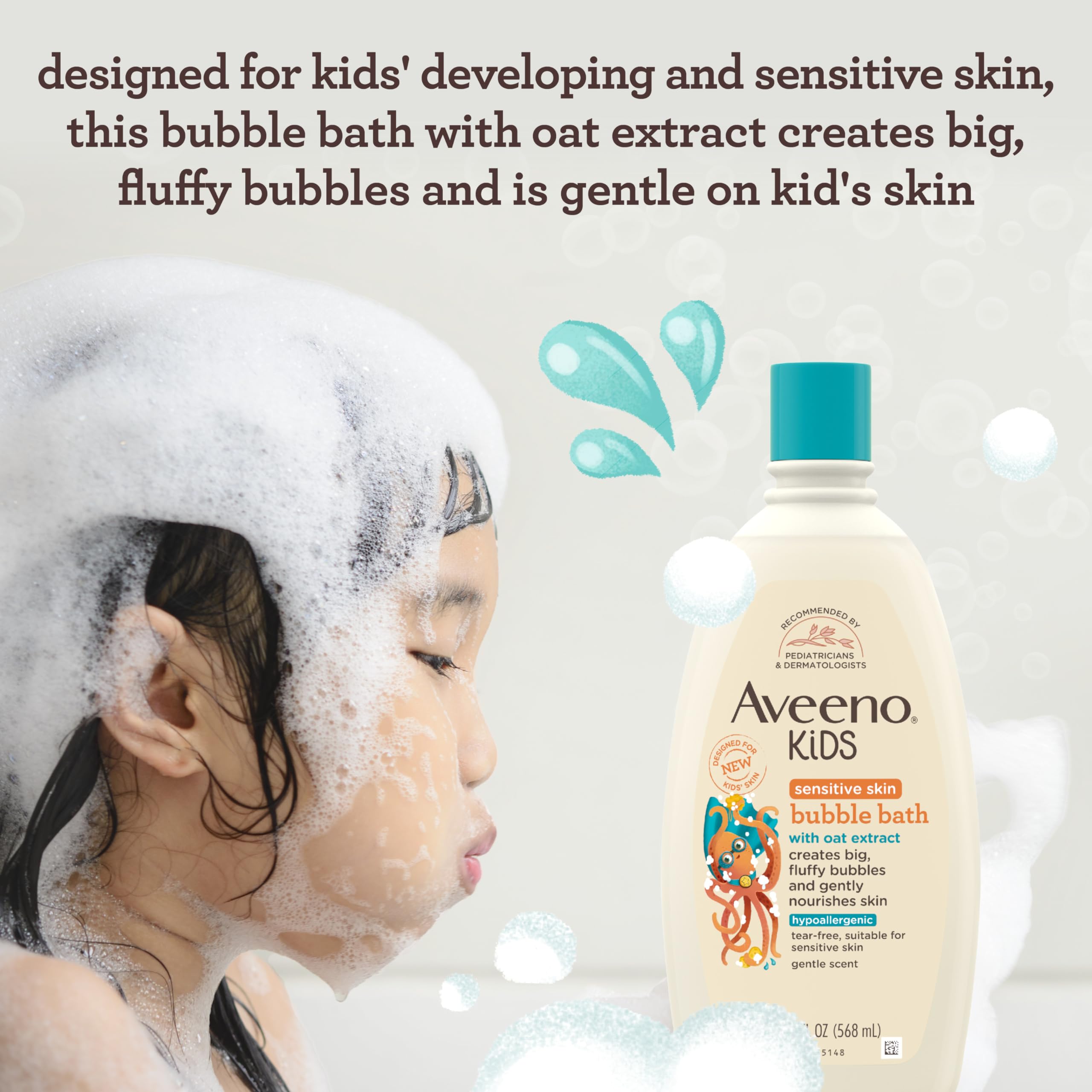Aveeno Kids Bubble Bath, Children's Bubble Bath for Sensitive Skin with Oat Extract, Kid's Bath Liquid Nourishes Skin & Makes Big, Fluffy Bubbles for Bath Time Fun, Dye-Free, 19.2 fl. Oz