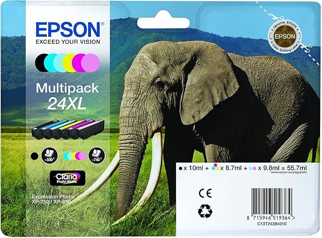 Epson 24XL Elephant High Yield Genuine Multipack, 6-colours Claria Photo HD Ink Cartridges, Black/Yellow/Magenta/Cyan, XL High Capacity