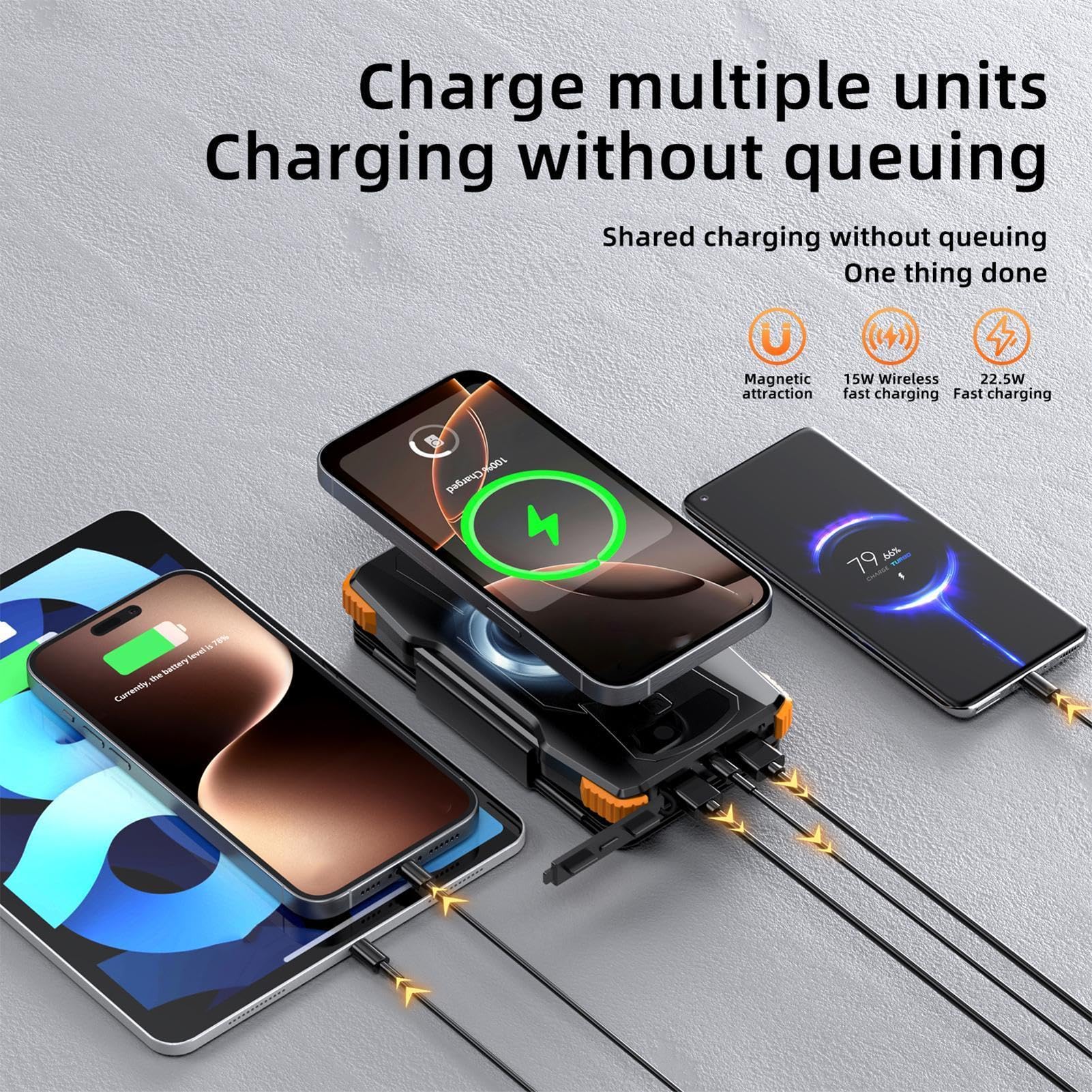 Banque d'énergie solaire – Chargeur portable sans fil 20 000 mAh avec lampe