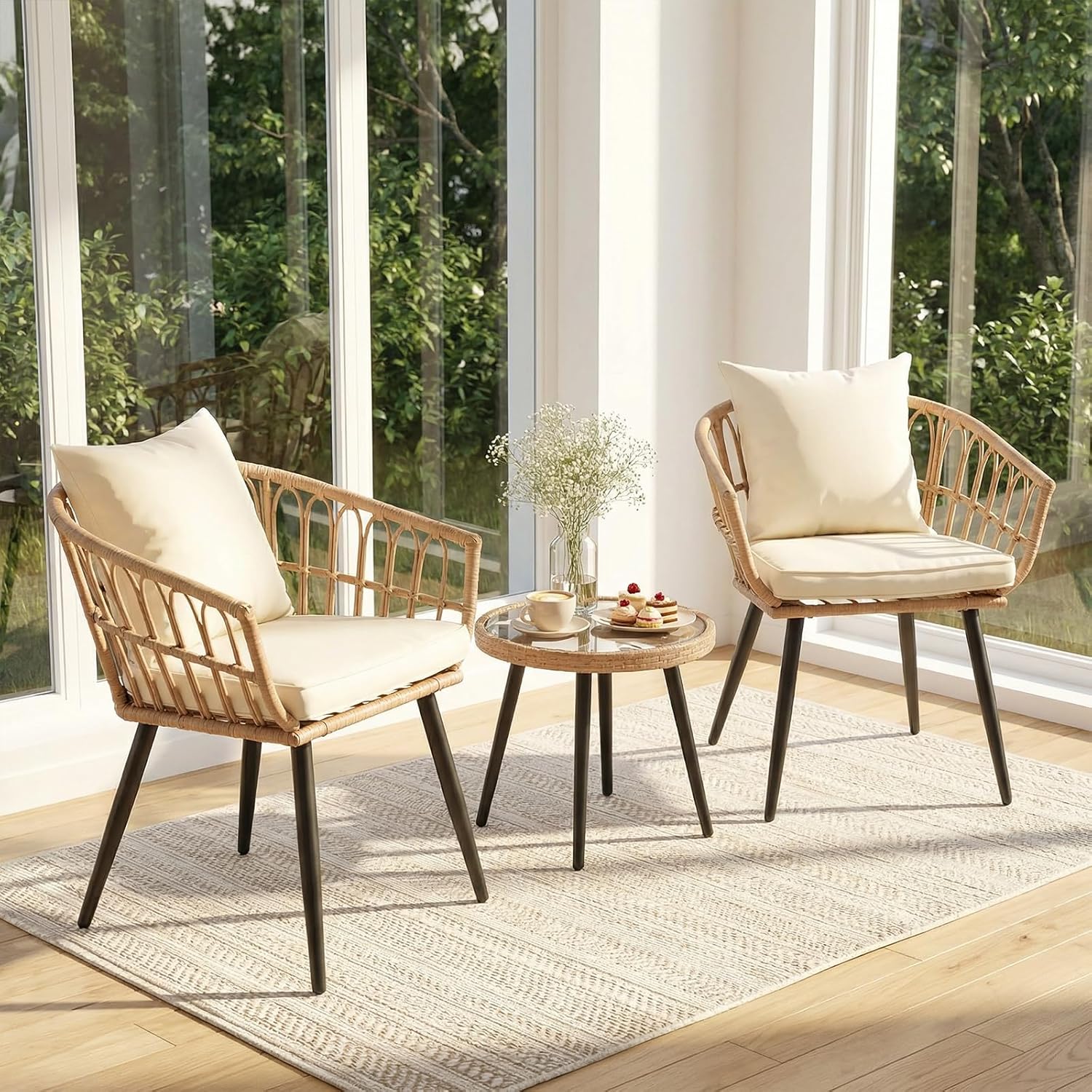 3 Piece Outdoor Patio Bistro Set,All-Weather Modern Wicker Table and Chairs Set for Backyard,Deck,Poolside,Beige