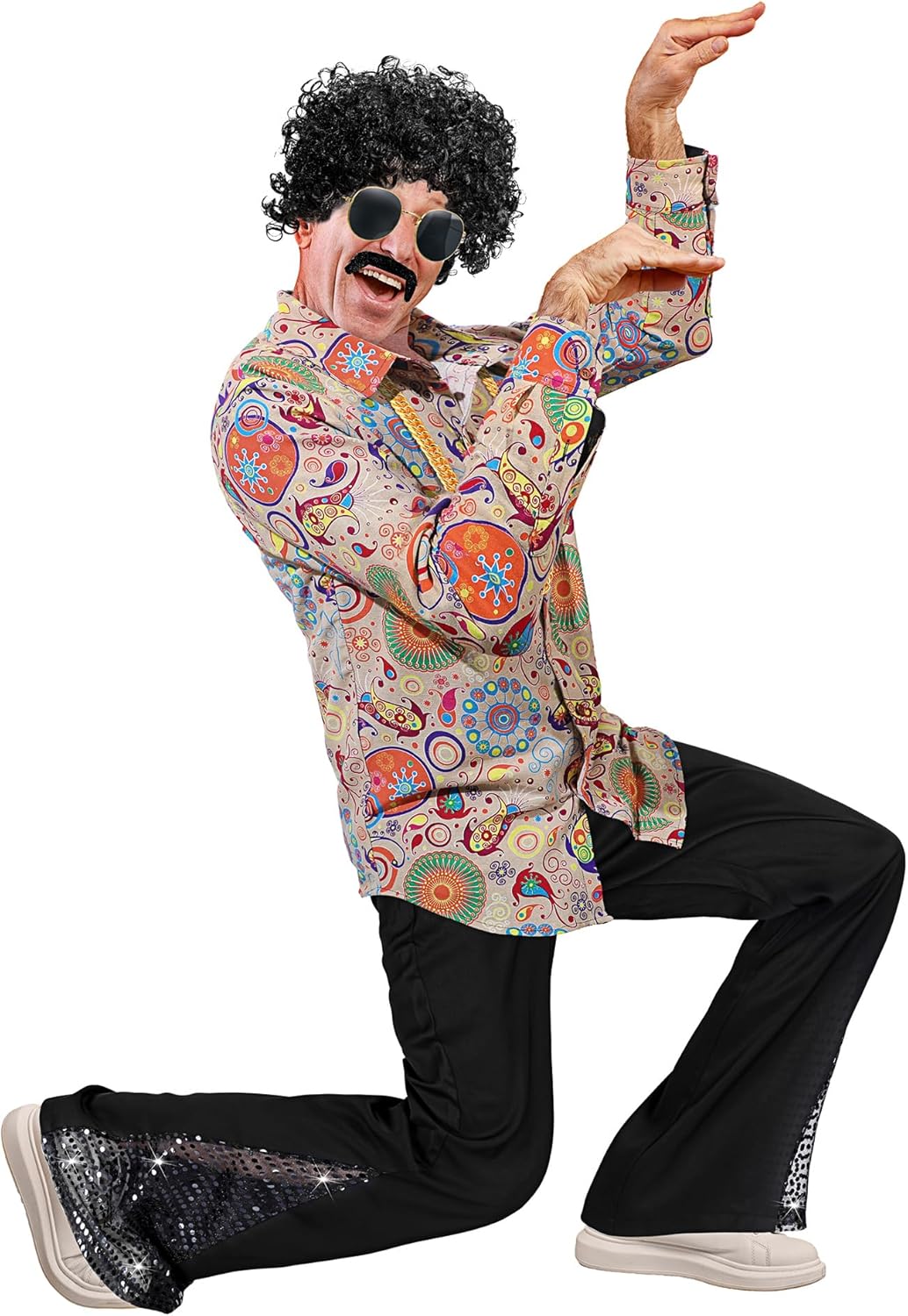 6 Pcs Men's 70s 80s Disco Outfit Costume Dance Bell Bottom Pants Retro Shirts Moustache Sunglasses Wigs Necklace - Image 5